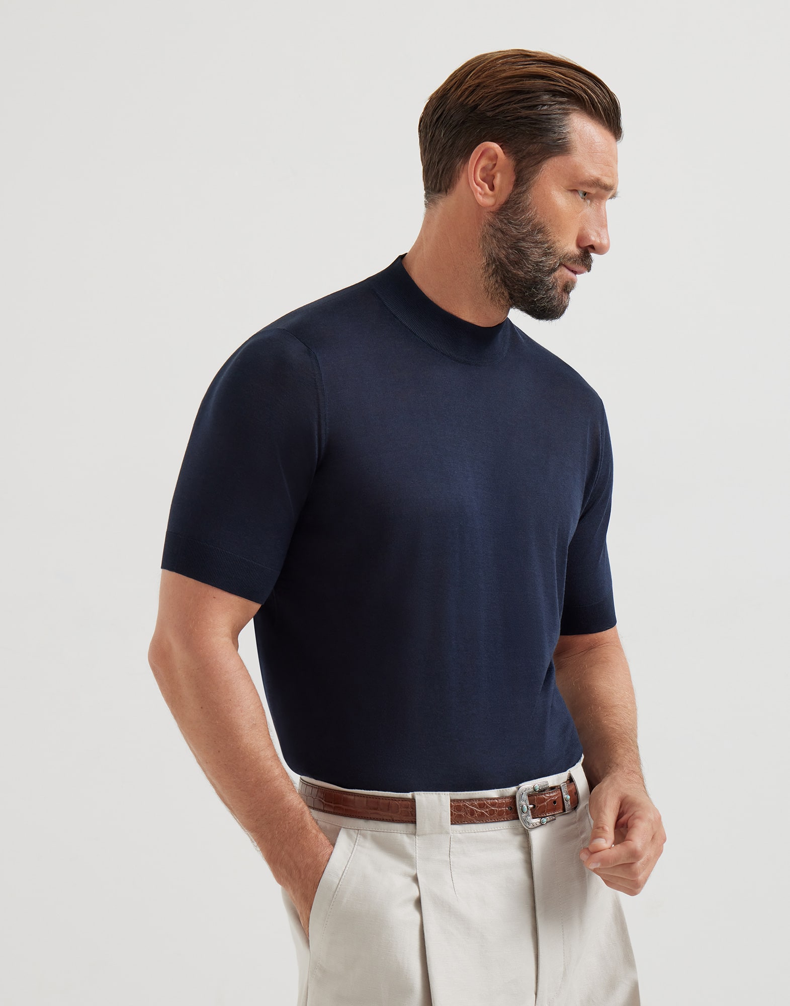 メンズ 向け ネイビーブルー ニット Tシャツ | Brunello Cucinelli
