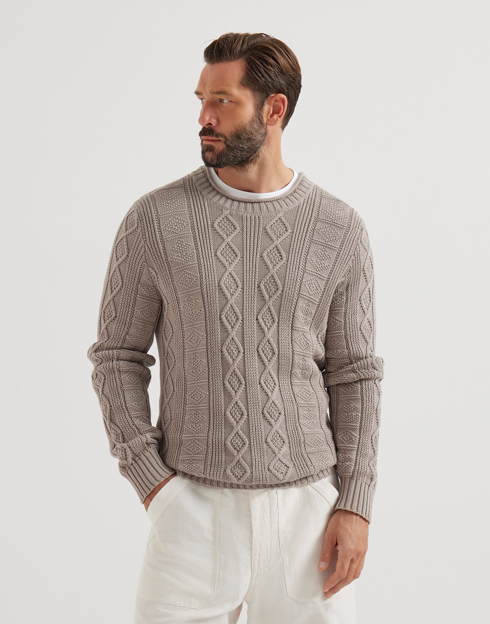 Fisherman's cable sweater Brown Man - Brunello Cucinelli