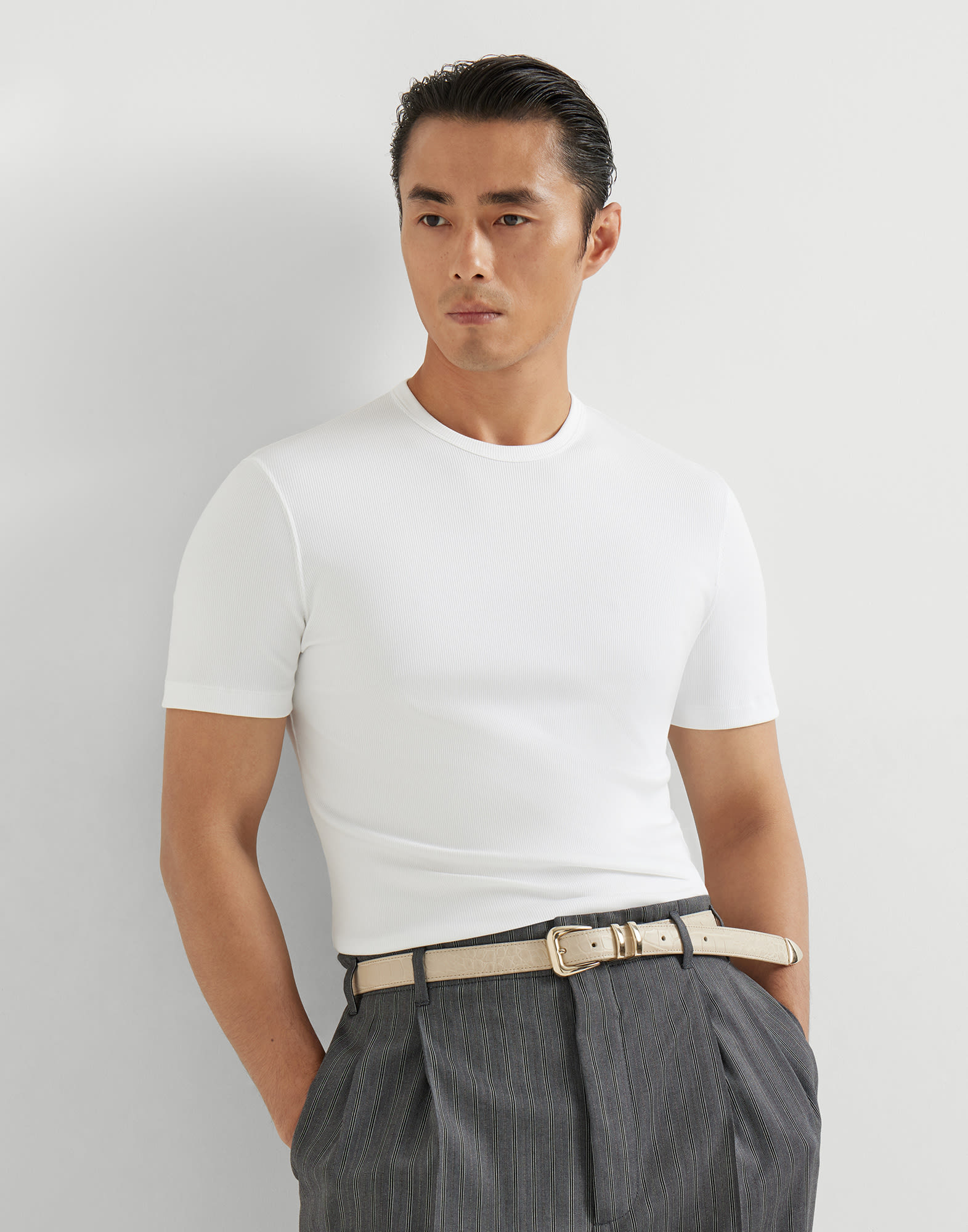 Ribbed jersey T-shirt for Man in Black | Brunello Cucinelli