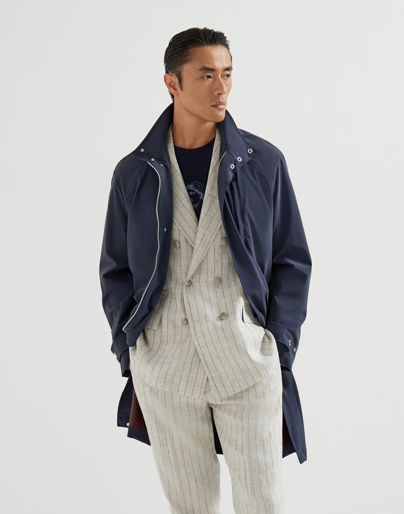 メンズ 向け ネイビーブルー アンラインドパーカー | Brunello Cucinelli