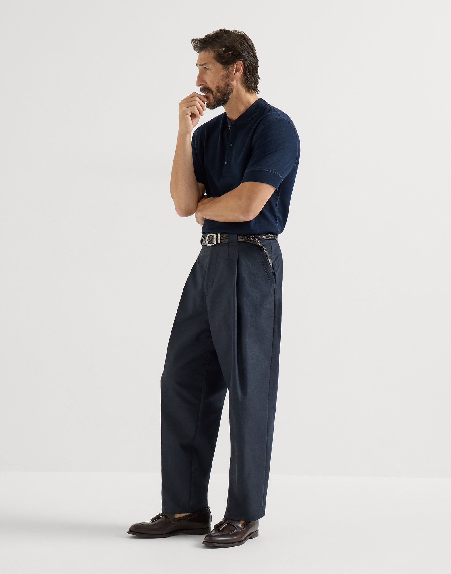 Cotton and linen trousers for Man in Navy Blue | Brunello Cucinelli