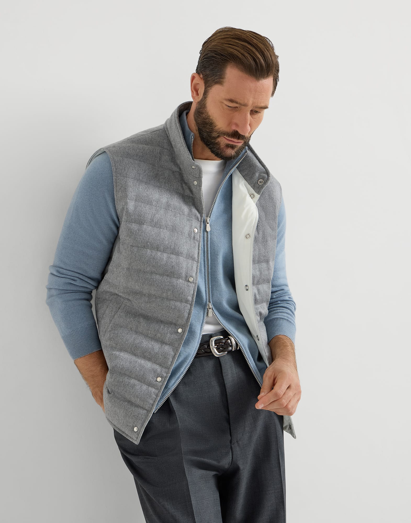 Cashmere flannel down jacket for Man in Grey | Brunello Cucinelli