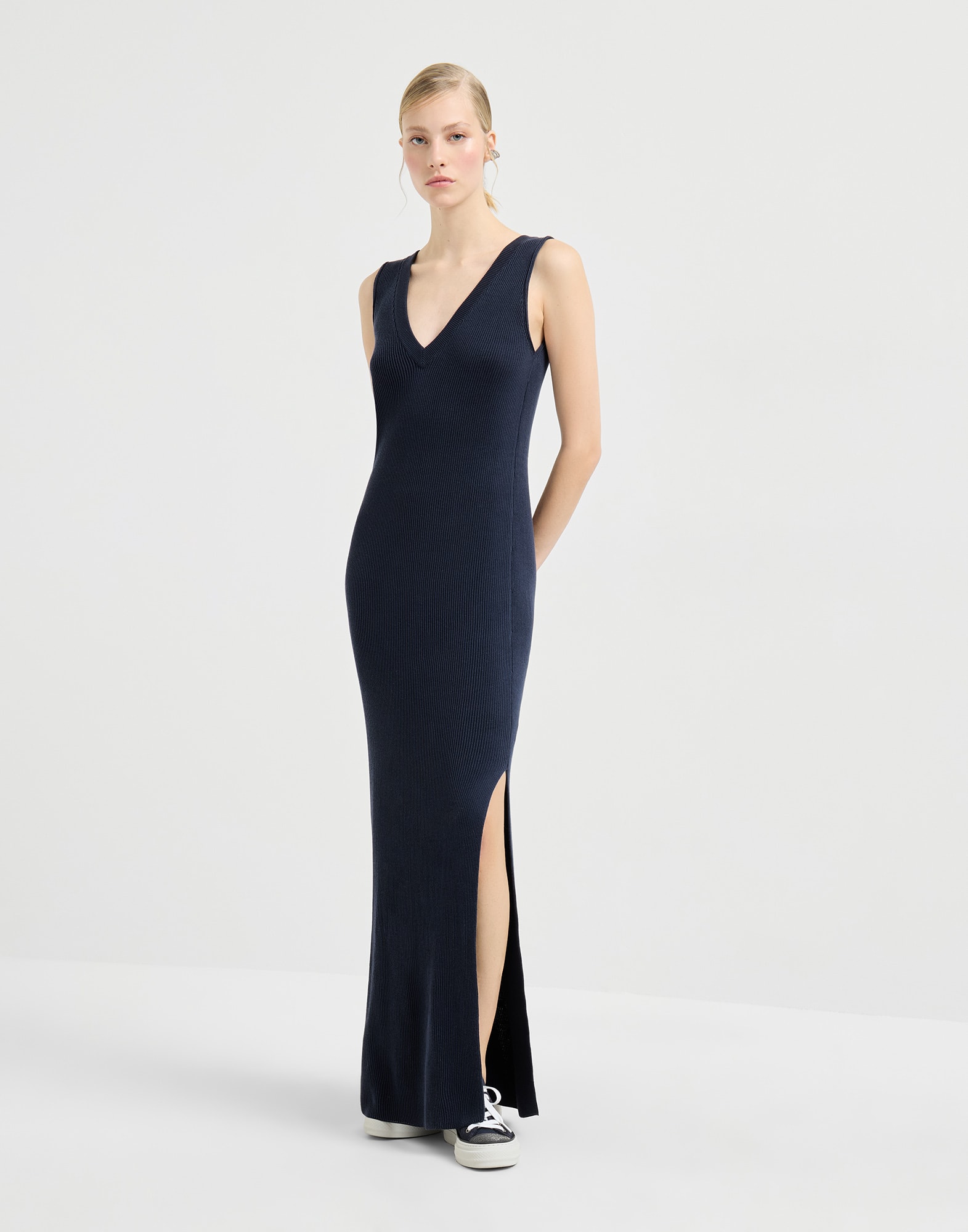 Rib knit dress for Woman in Blue | Brunello Cucinelli Rib knit dress for Woman in Blue | Brunello Cucinelli