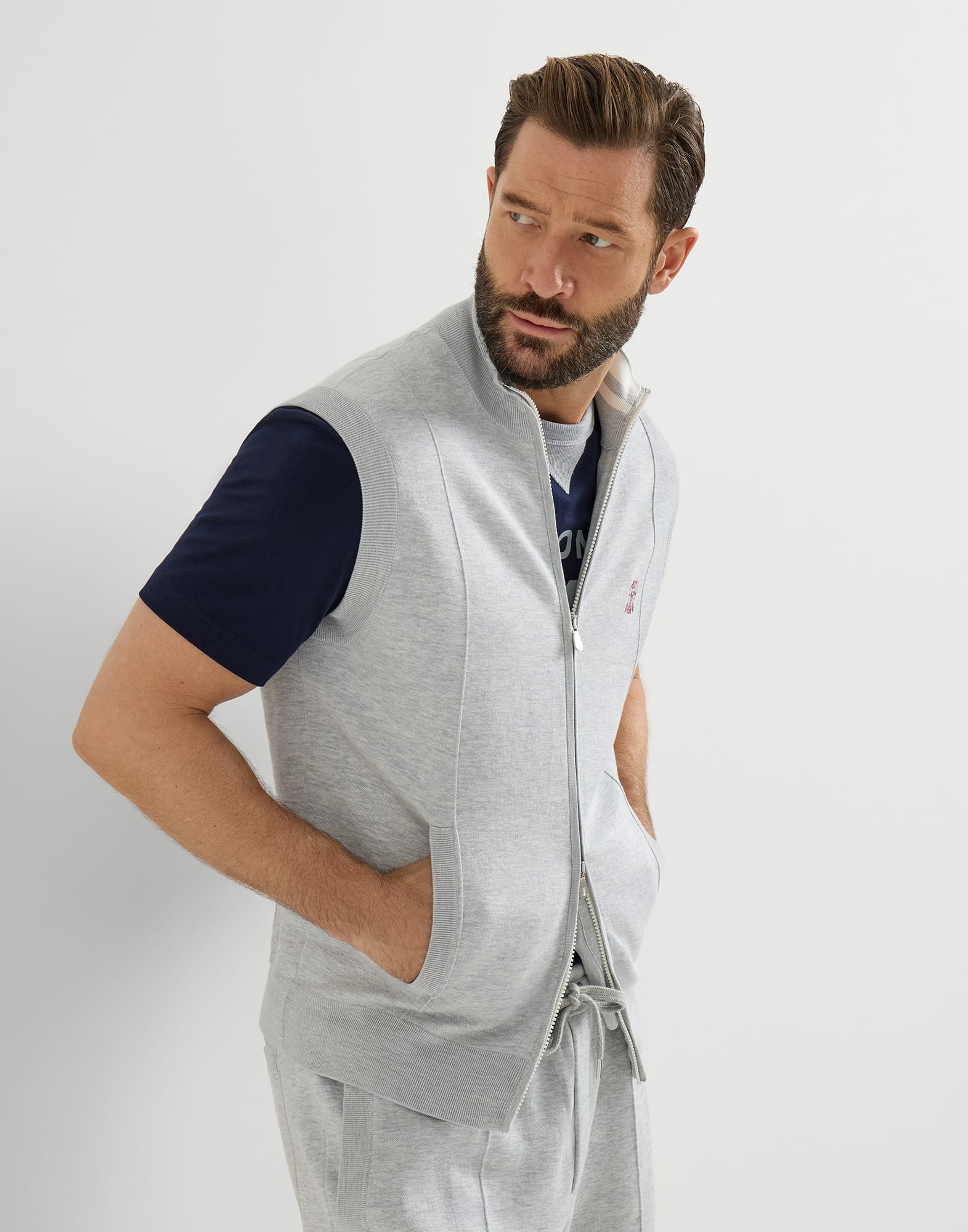 メンズ 向け ブルー ダブルニット ベスト | Brunello Cucinelli
