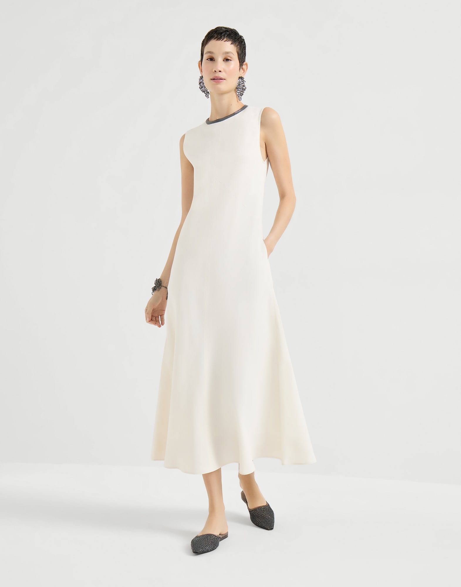 Dress with precious collar for Woman in Ivory | Brunello Cucinelli Dress with precious collar for Woman in Ivory | Brunello Cucinelli
