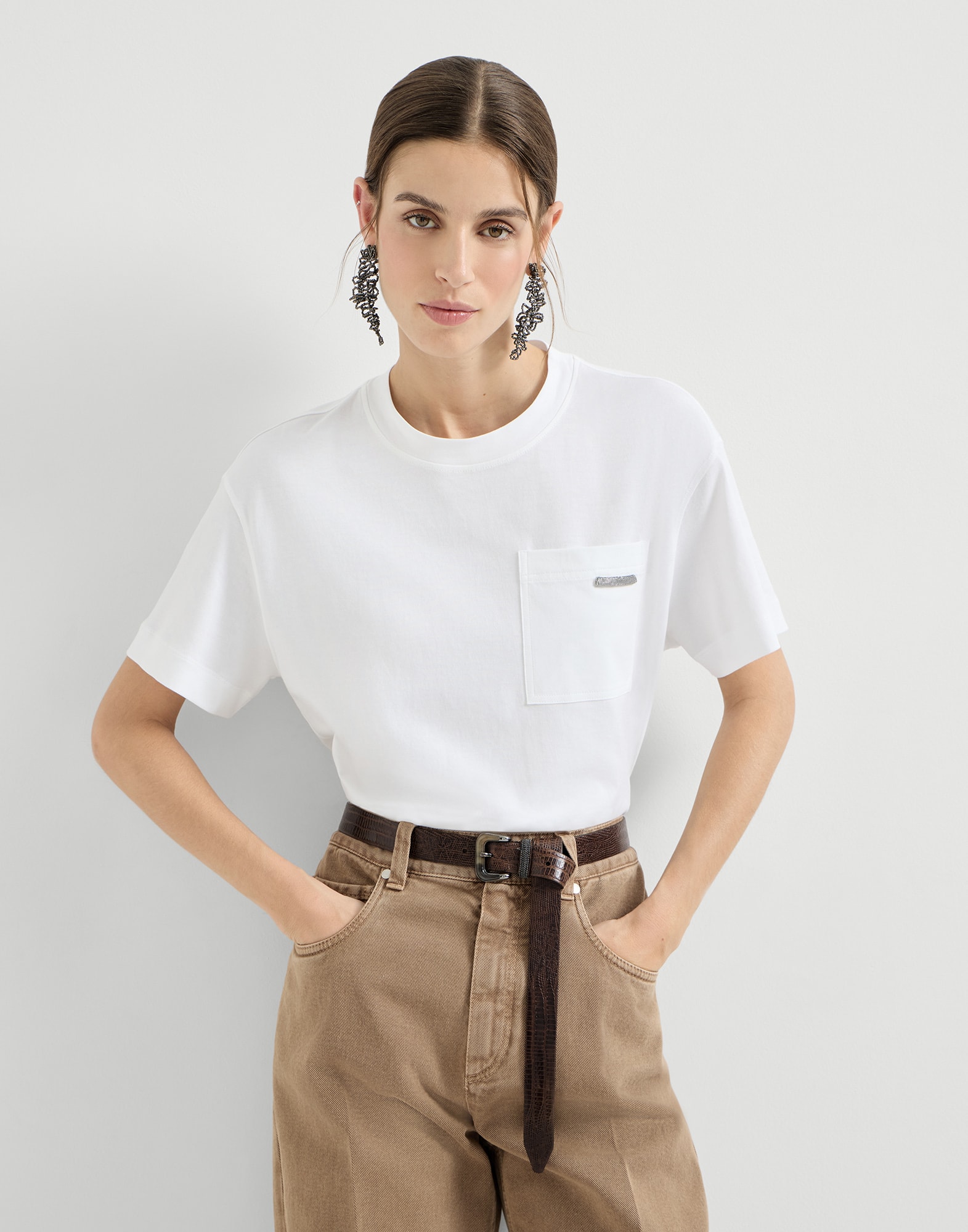 Cotton jersey T-shirt for Woman in White | Brunello Cucinelli