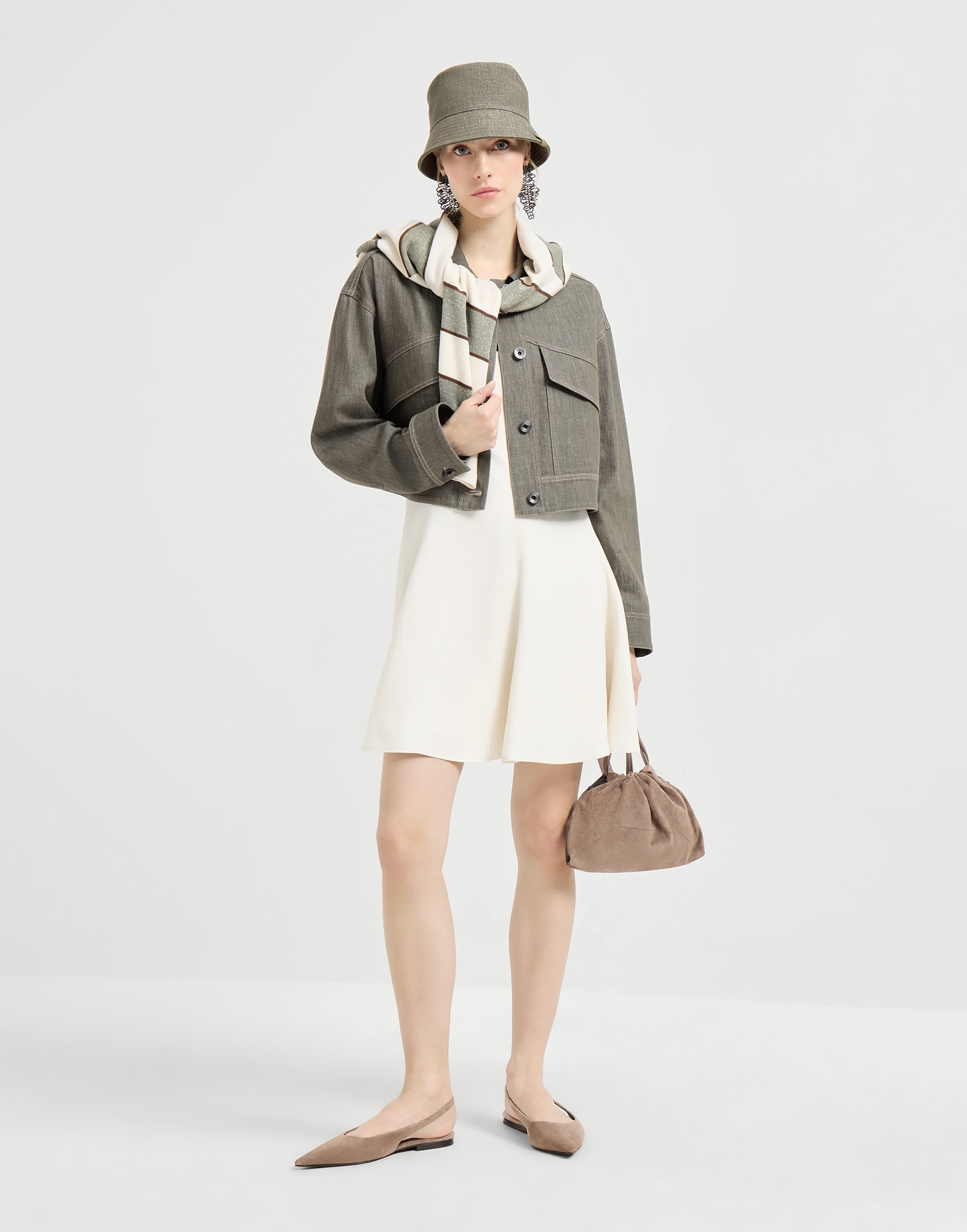 Fluid twill mini dress for Woman in Ivory | Brunello Cucinelli