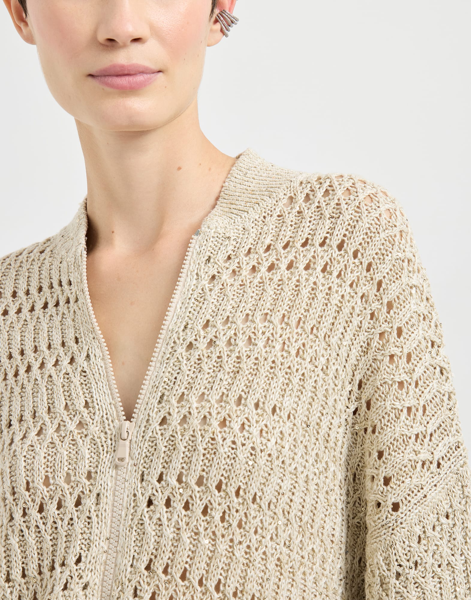 Dazzling braids cardigan for Woman in Beige | Brunello Cucinelli