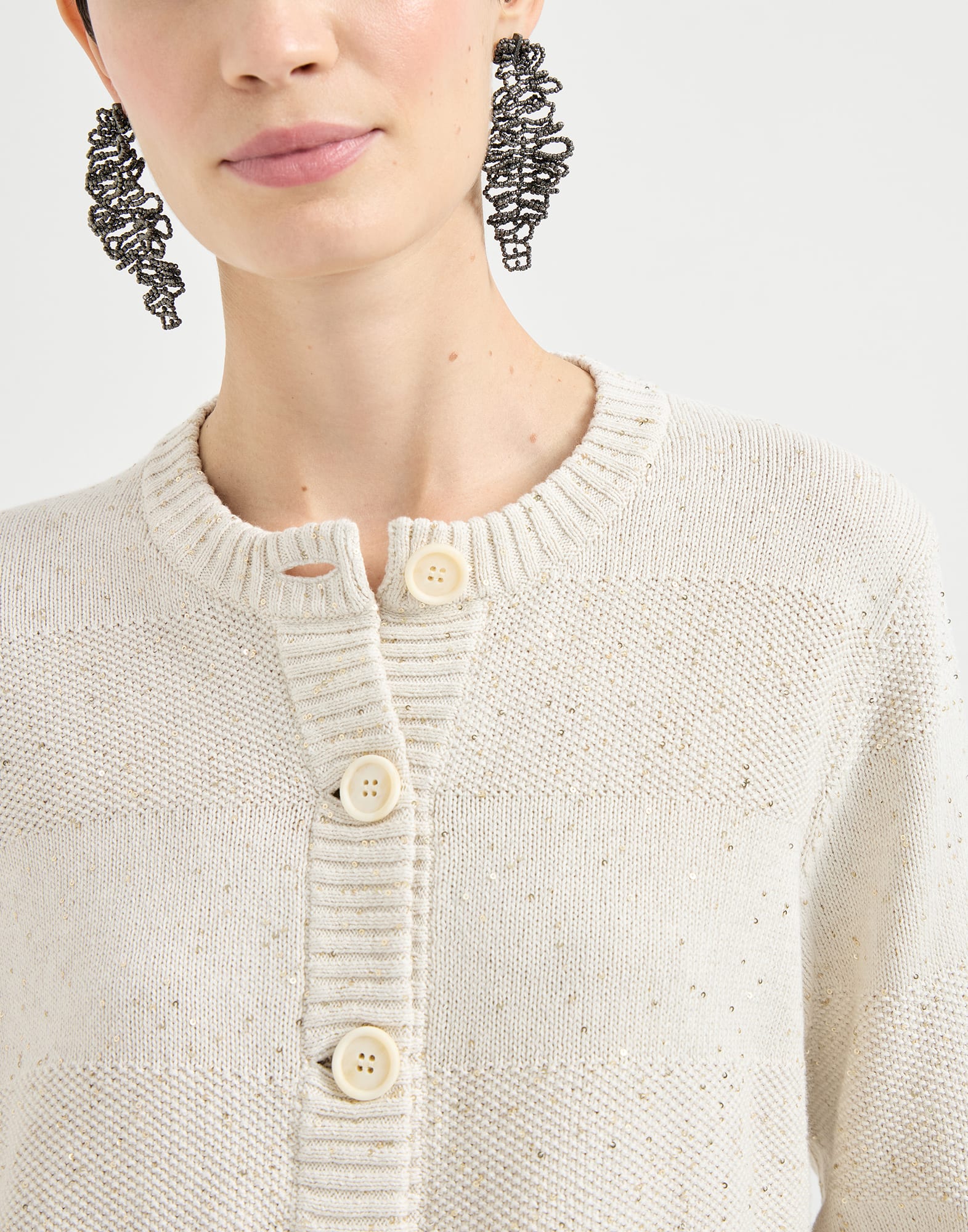 Cardigan with dazzling stripes for Woman in Oat | Brunello Cucinelli