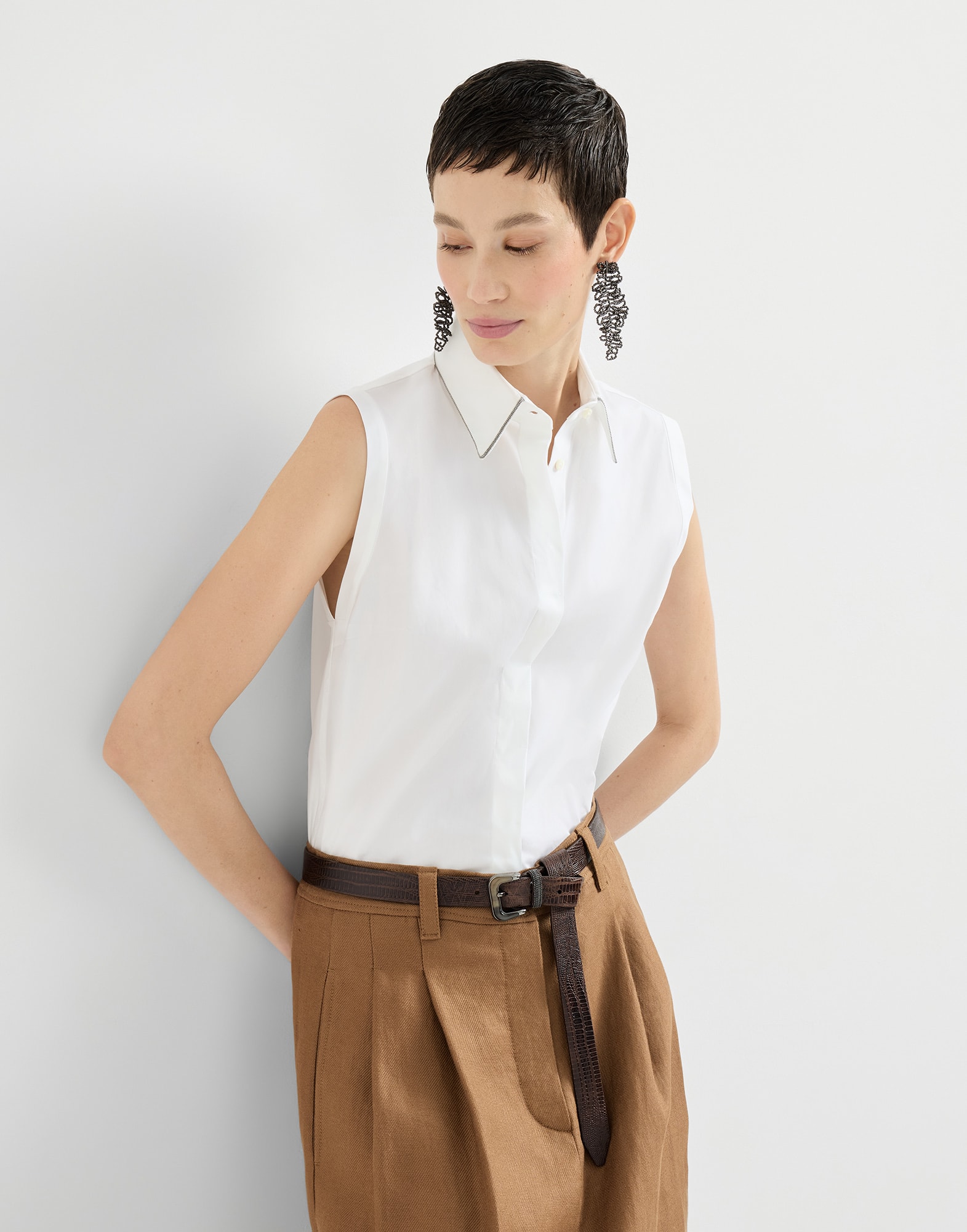 Stretch poplin shirt for Woman in Green | Brunello Cucinelli