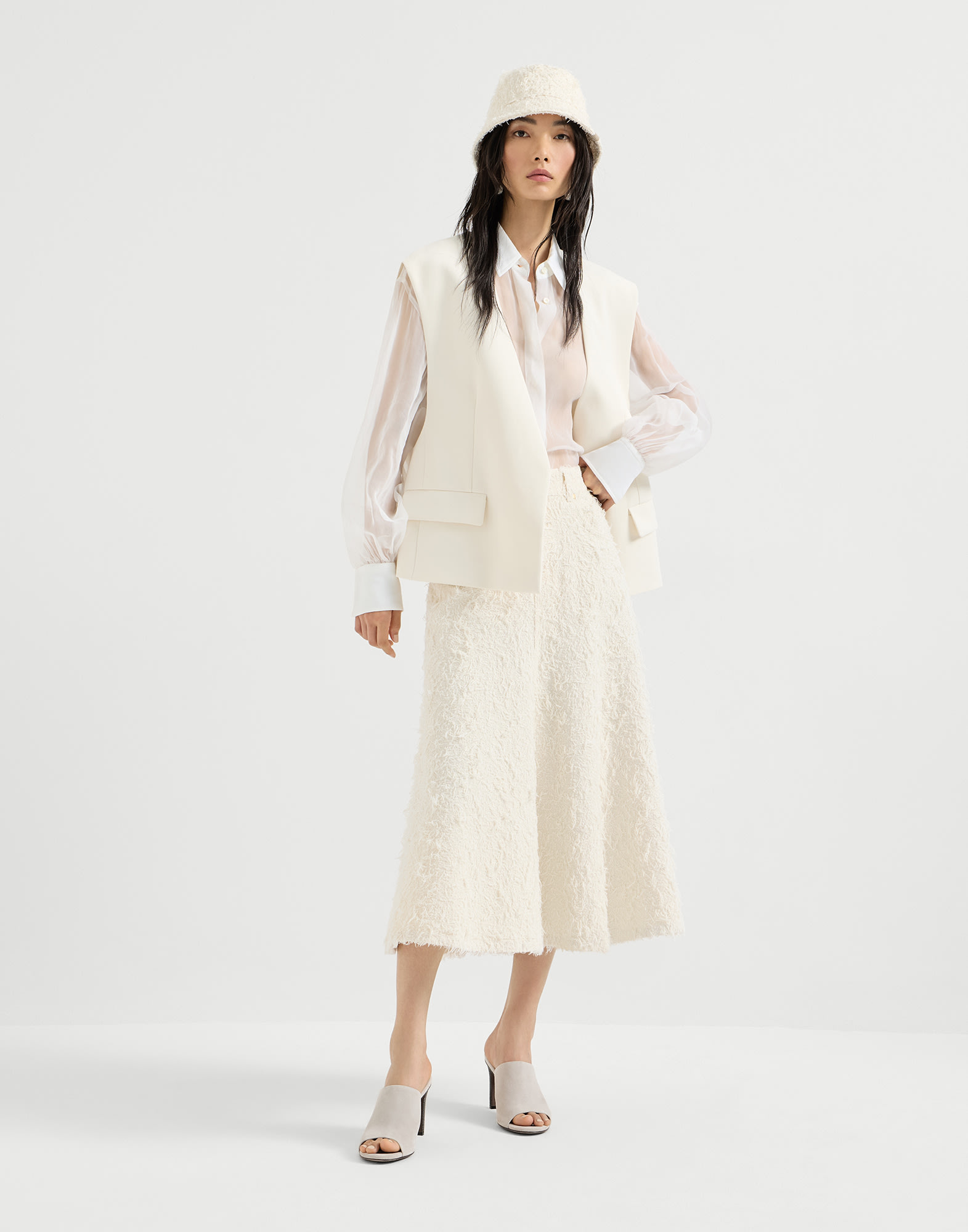 Crispy silk shirt for Woman in White | Brunello Cucinelli