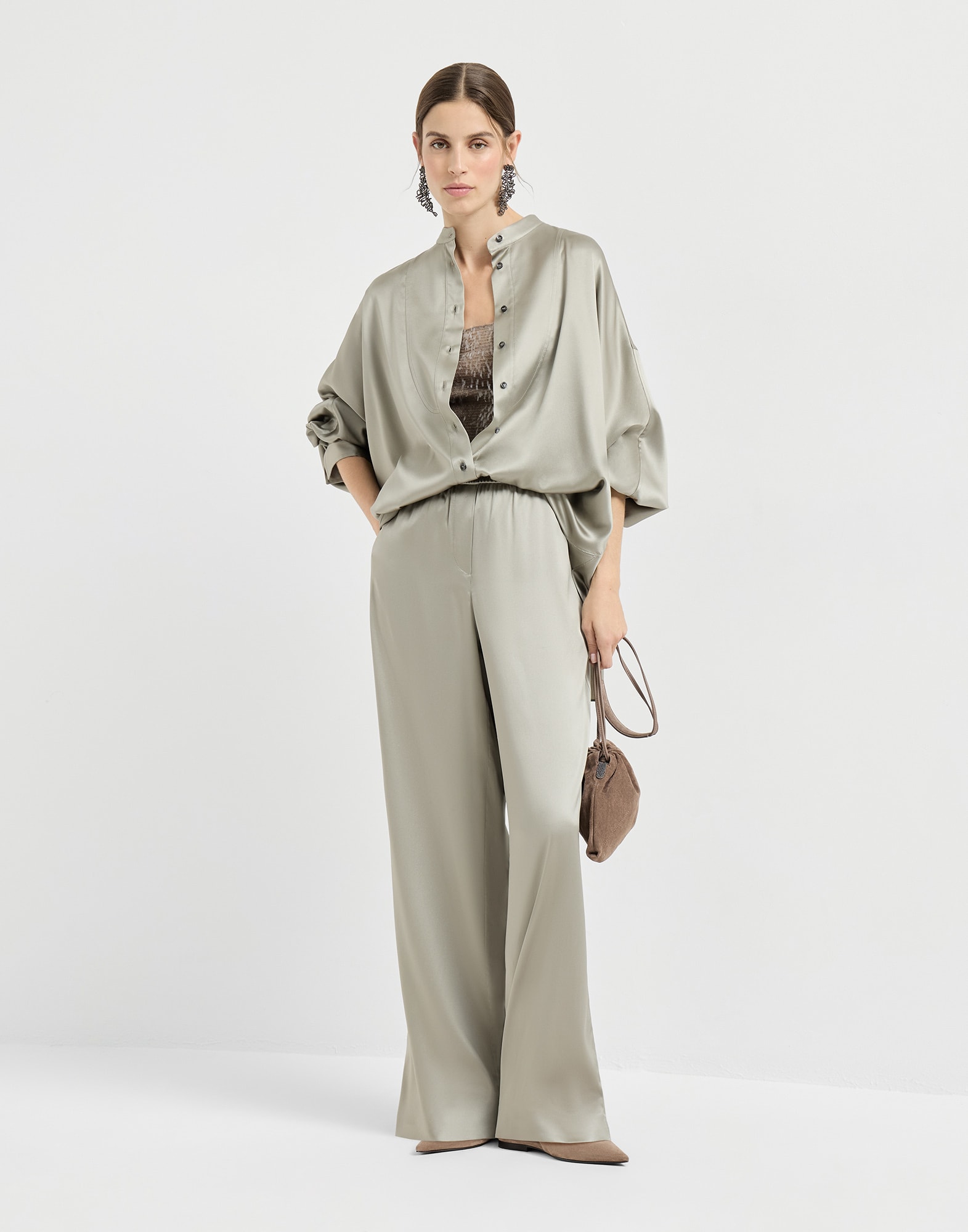 Mandarin-collar shirt for Woman in Olive | Brunello Cucinelli