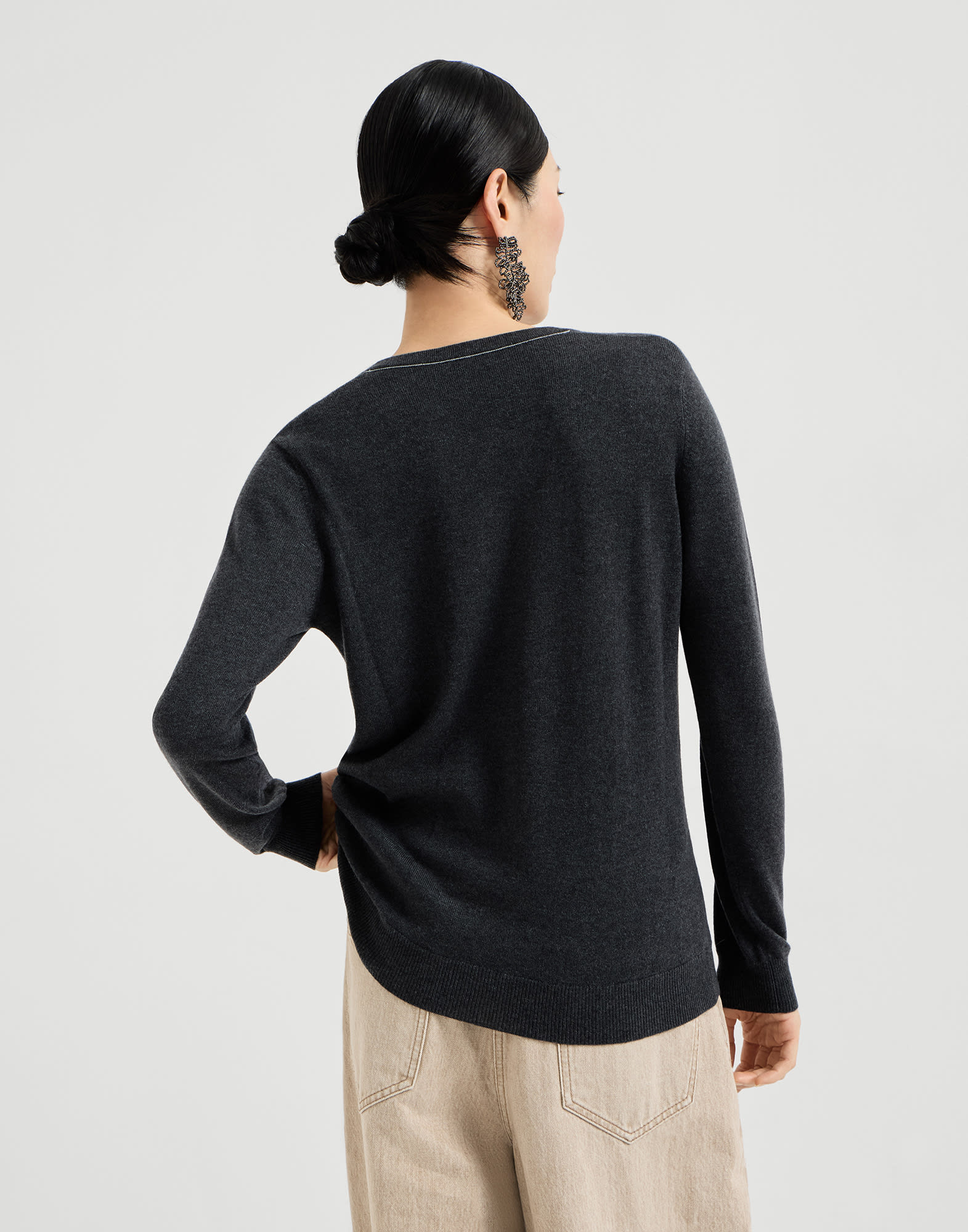 Cashmere sweater with monili for Woman in Oyster | Brunello Cucinelli