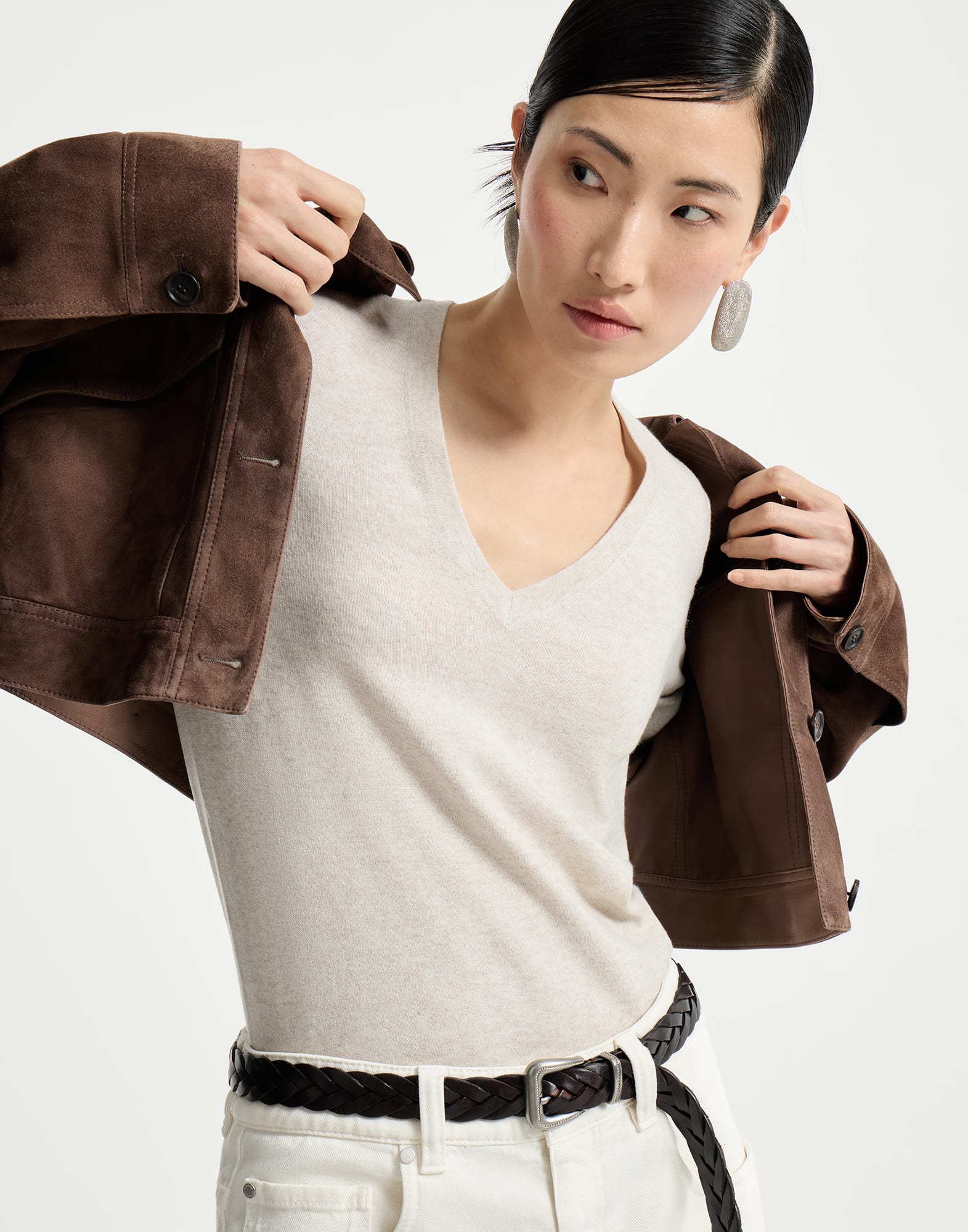 Cashmere sweater with monili for Woman in Oyster | Brunello Cucinelli