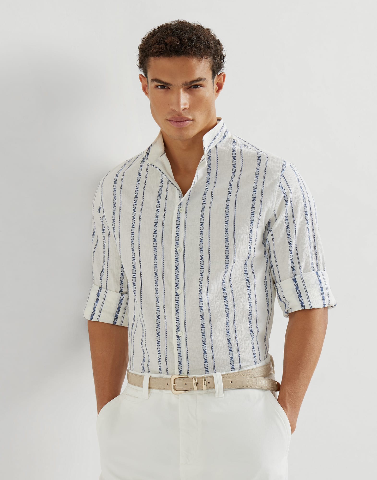 Brunello Cucinelli, Ethnic stripe seersucker easy fit shirt with Mandarin collar, White, 3XL Brunello Cucinelli, Ethnic stripe seersucker easy fit shirt with Mandarin collar, White, 3XL