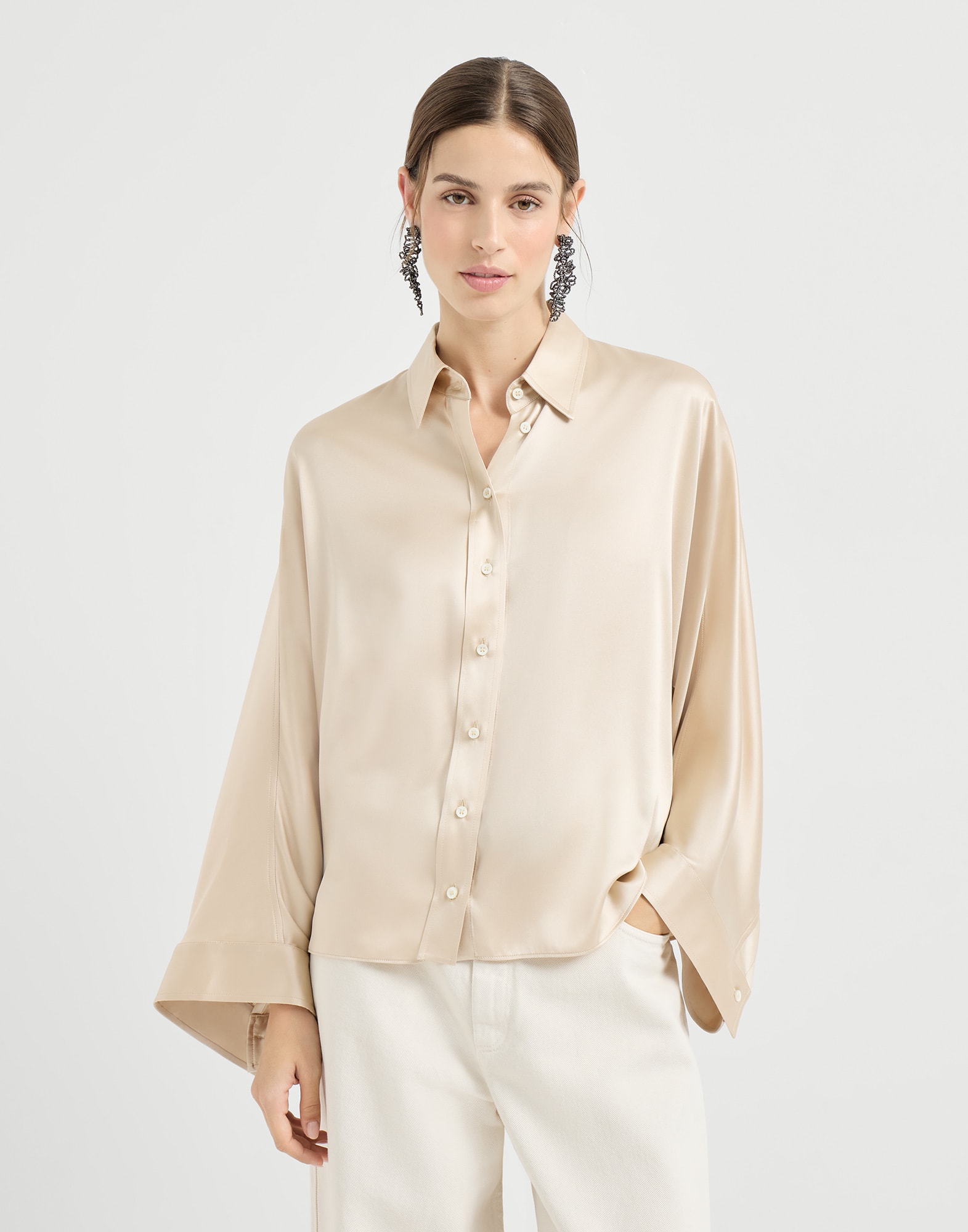Stretch silk satin shirt for Woman in Sand | Brunello Cucinelli Stretch silk satin shirt for Woman in Sand | Brunello Cucinelli