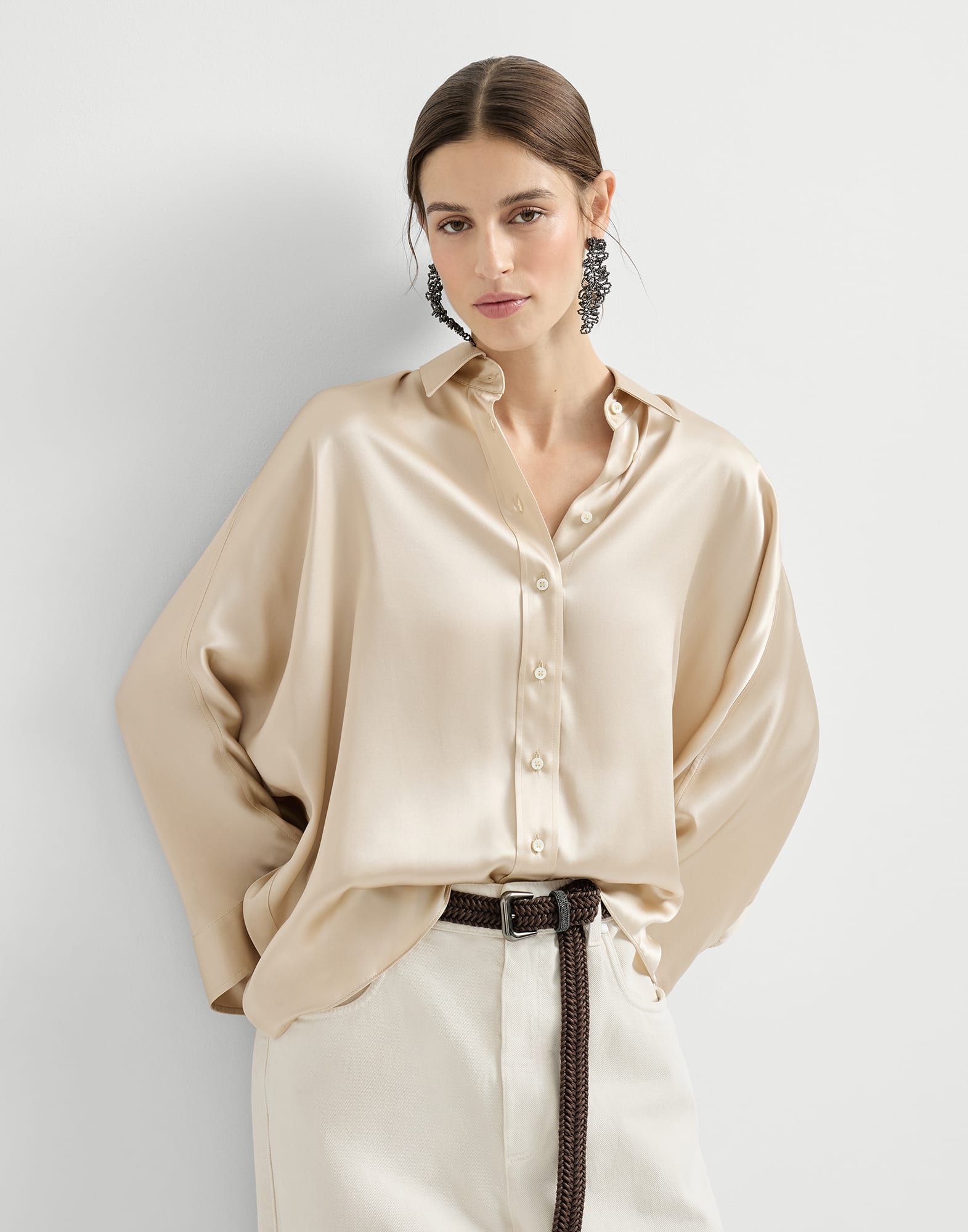 Stretch silk satin shirt for Woman in Sand | Brunello Cucinelli