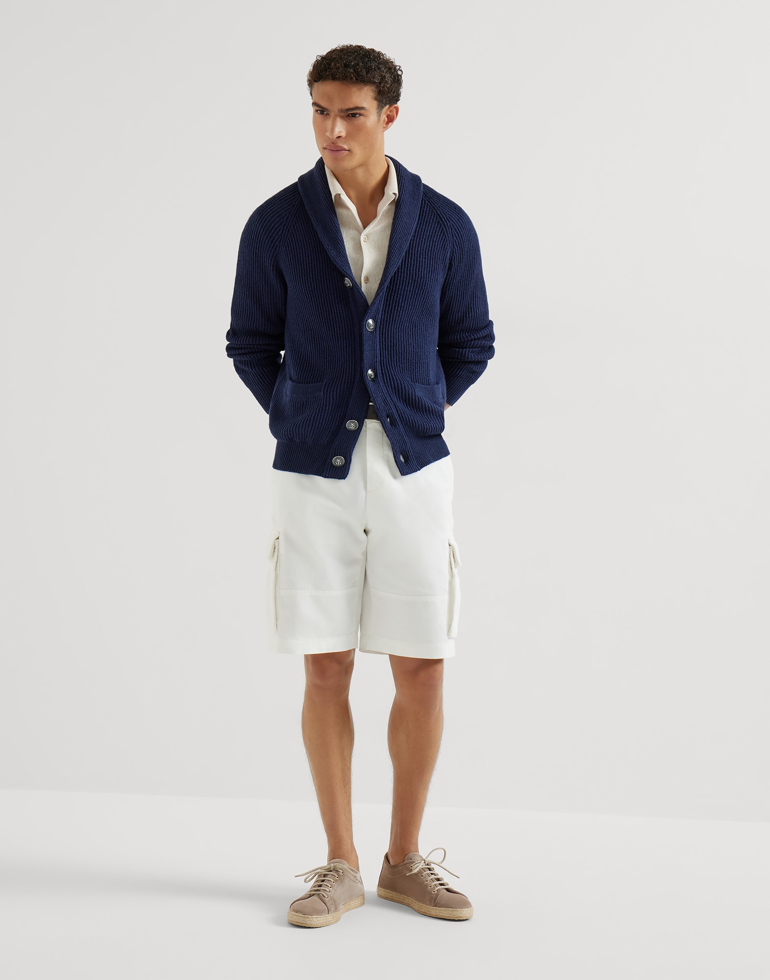 English rib knit cardigan for Man in Navy Blue | Brunello Cucinelli