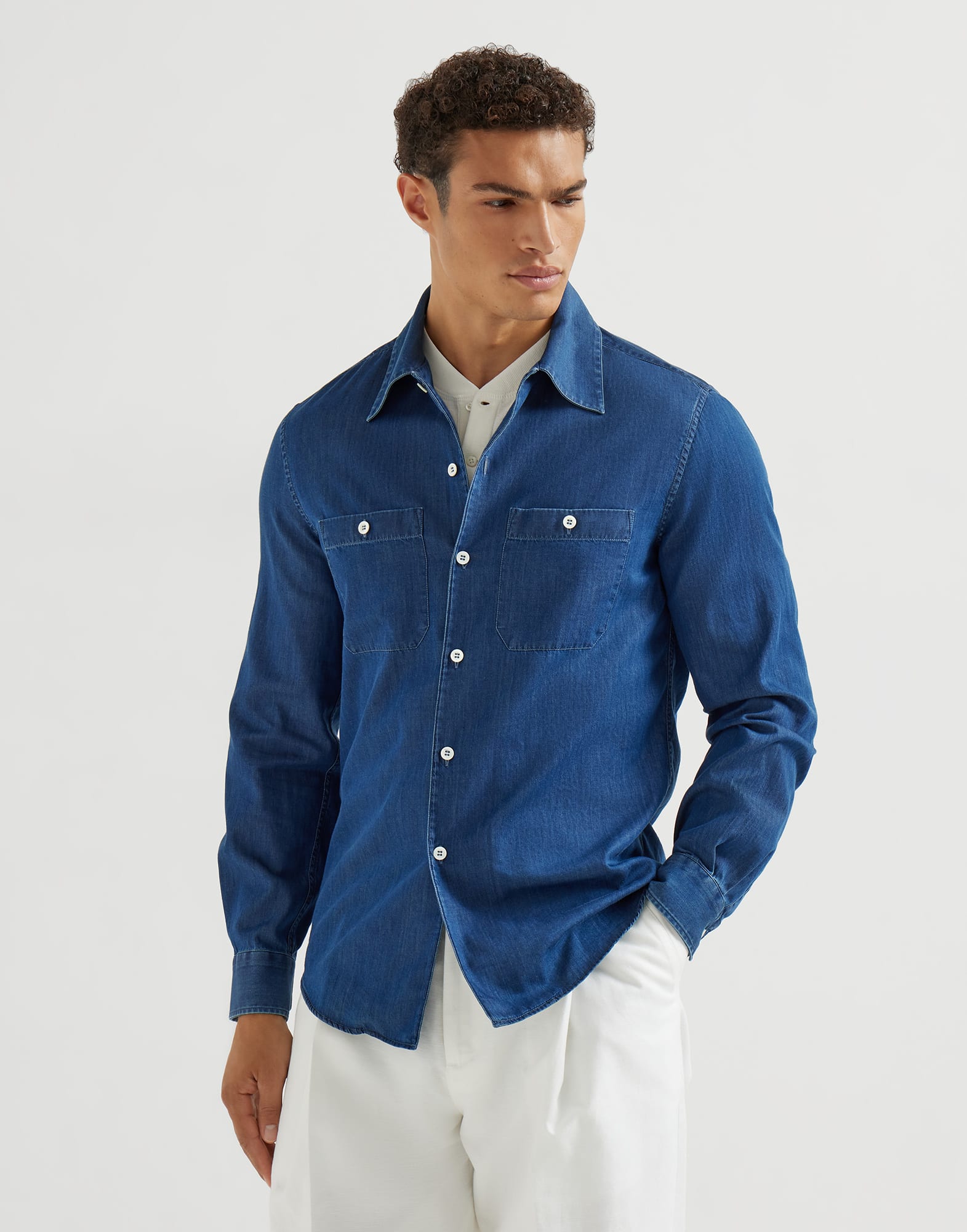Lightweight denim shirt for Man in Dark Denim | Brunello Cucinelli