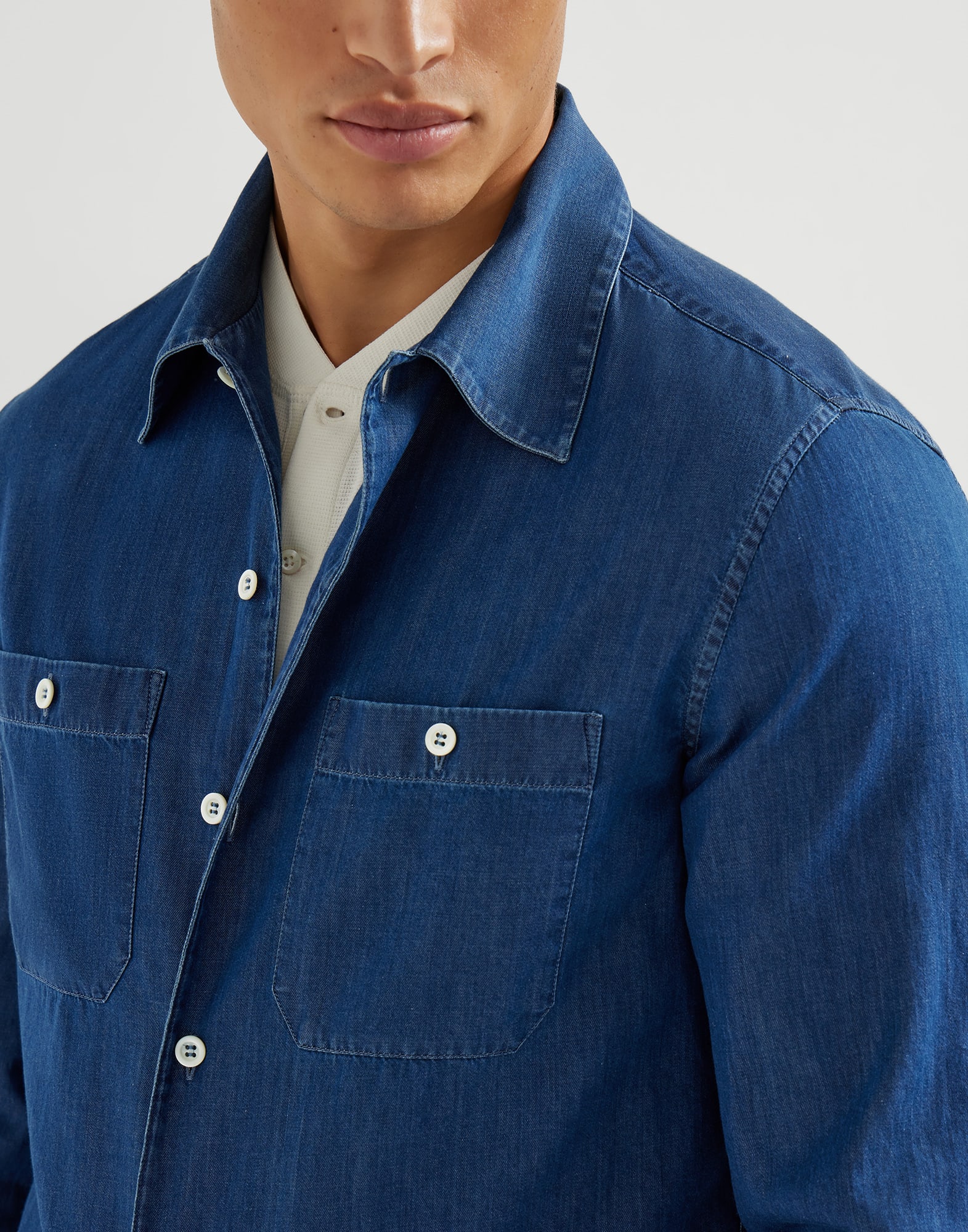 Lightweight denim shirt for Man in Dark Denim | Brunello Cucinelli