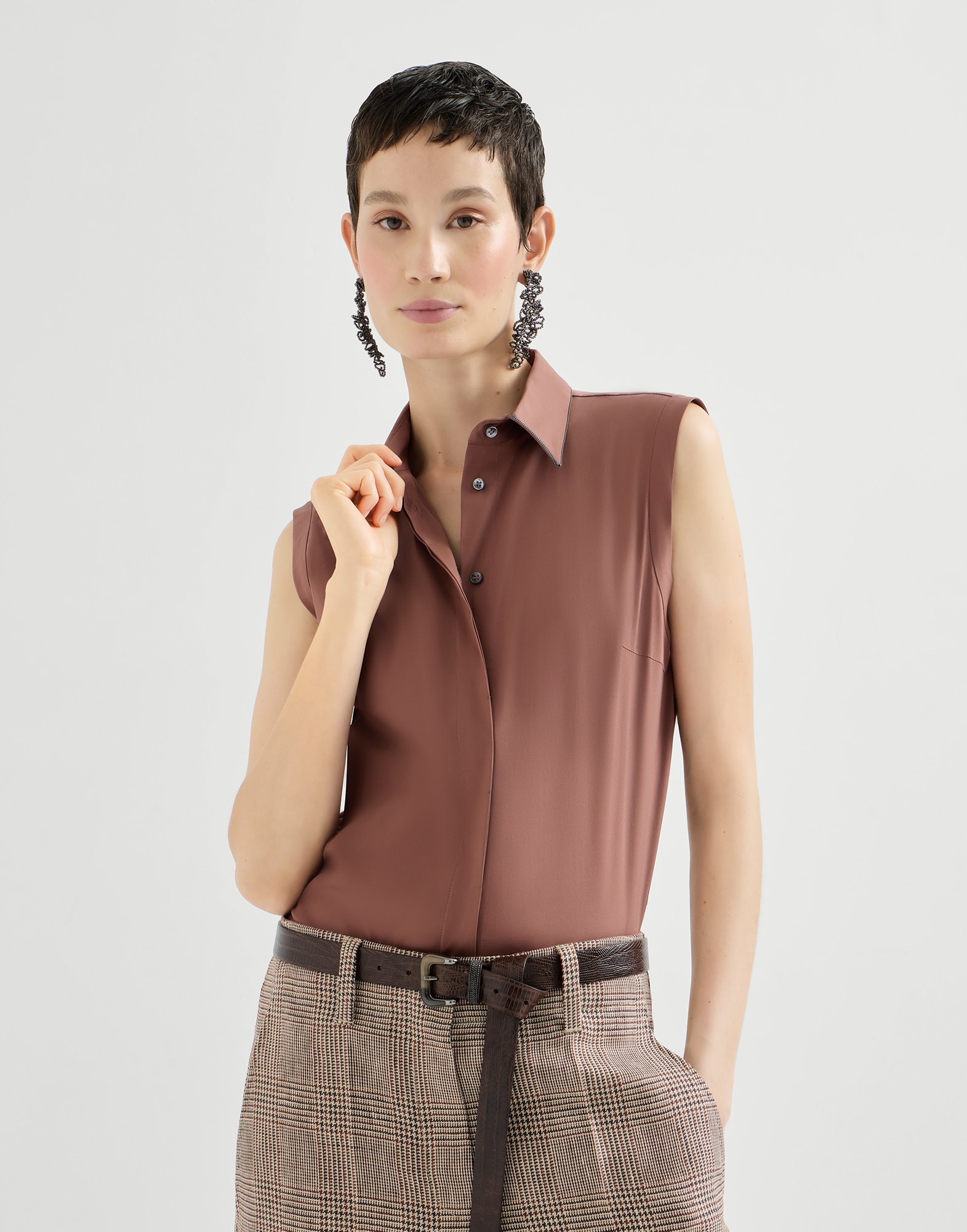 Stretch poplin shirt for Woman in Green | Brunello Cucinelli
