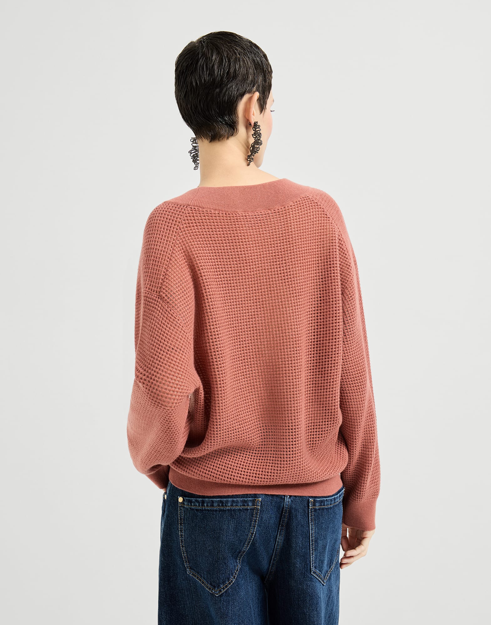 レディース 向け オレンジ カシミヤ メッシュセーター | Brunello