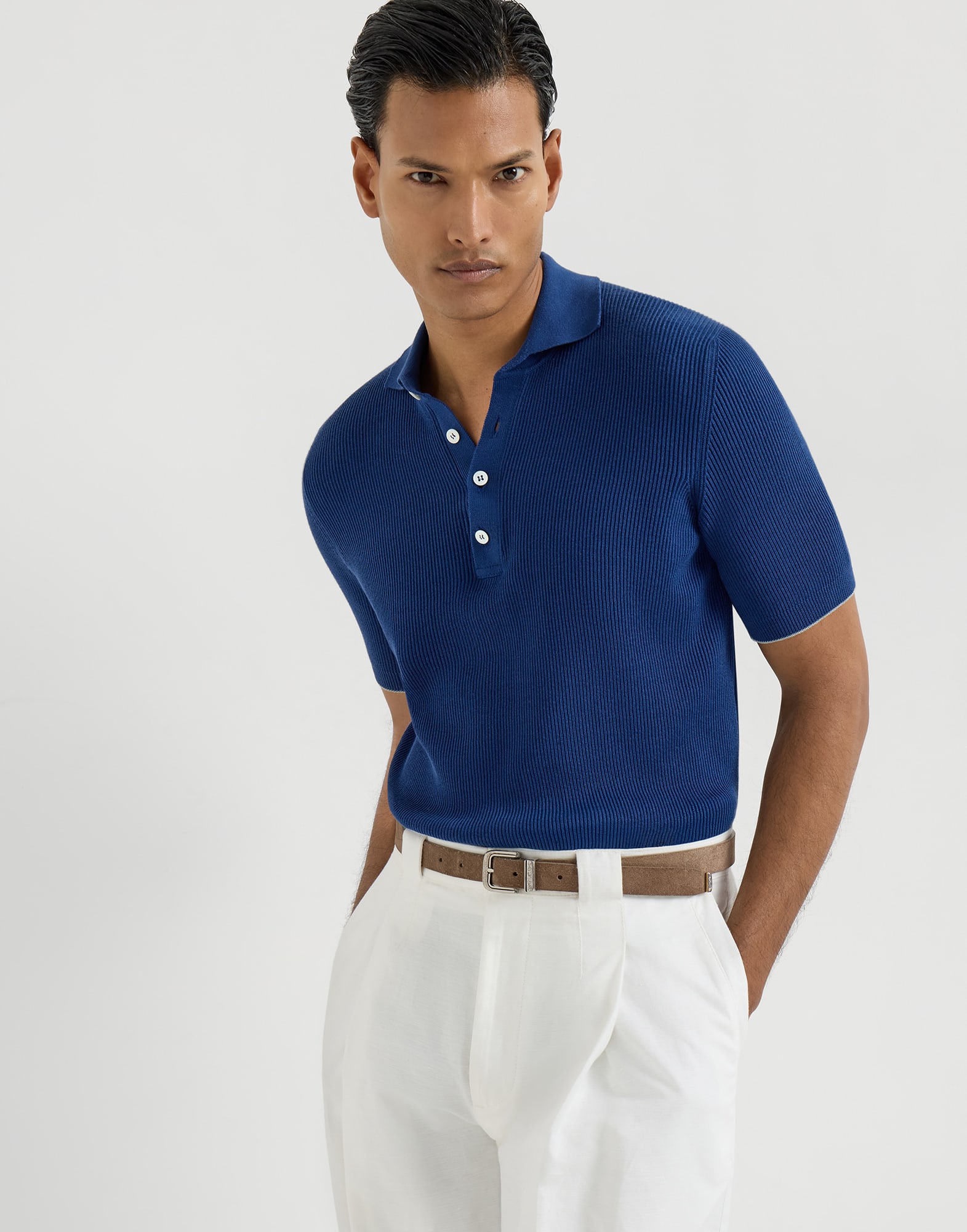 Half English rib knit polo for Man in Avio Blue | Brunello Cucinelli