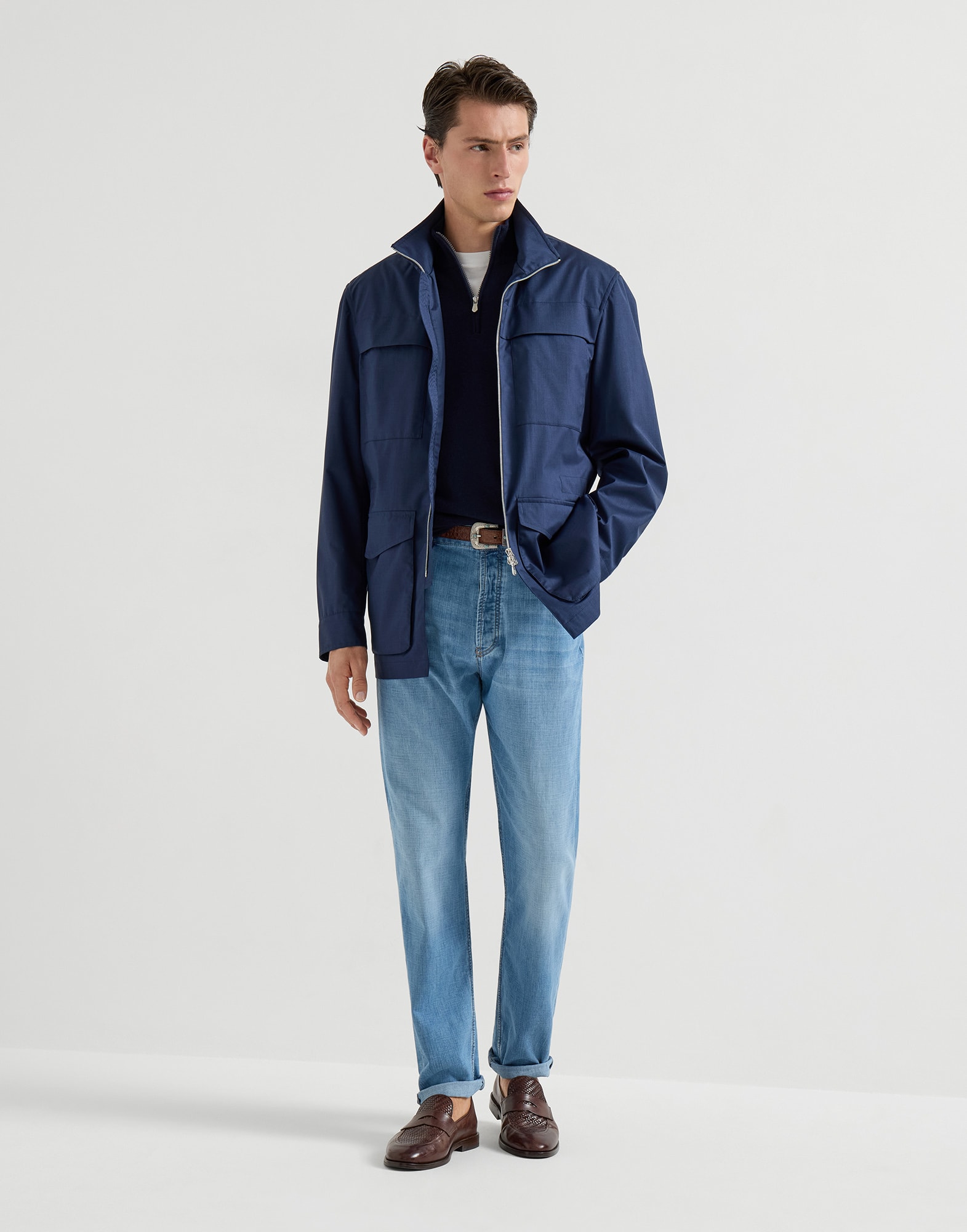 Safari jacket with detachable hood for Man in Blue | Brunello