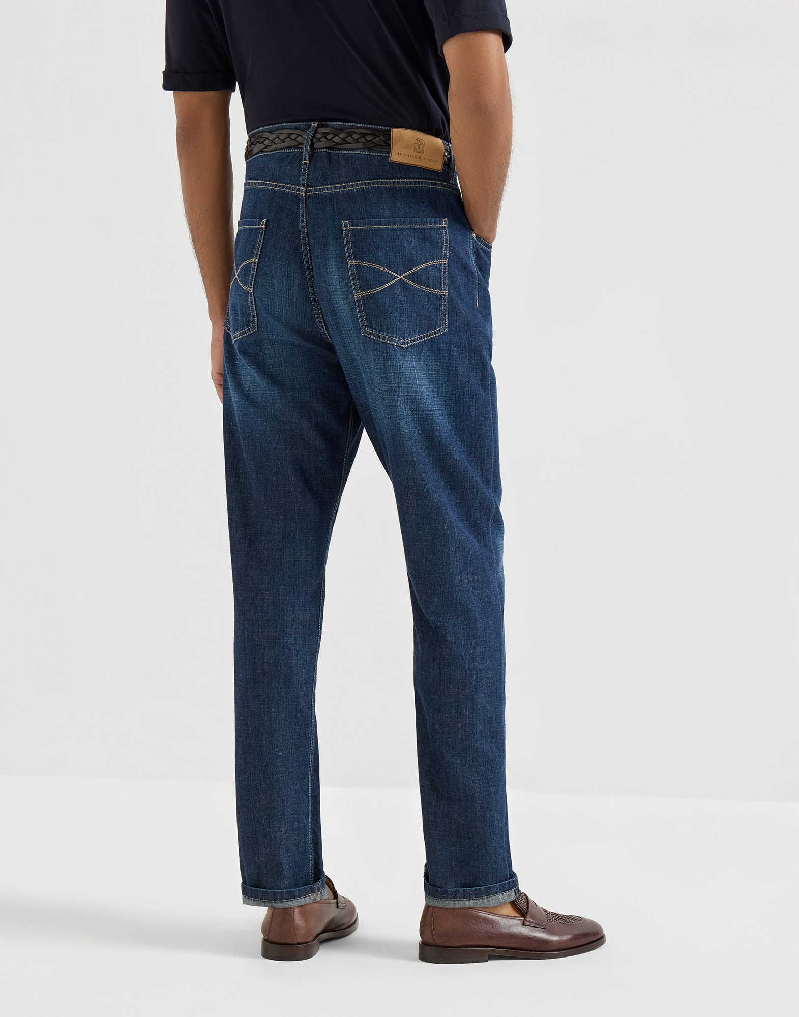 Iconic fit five-pocket trousers for Man in Dark Denim | Brunello