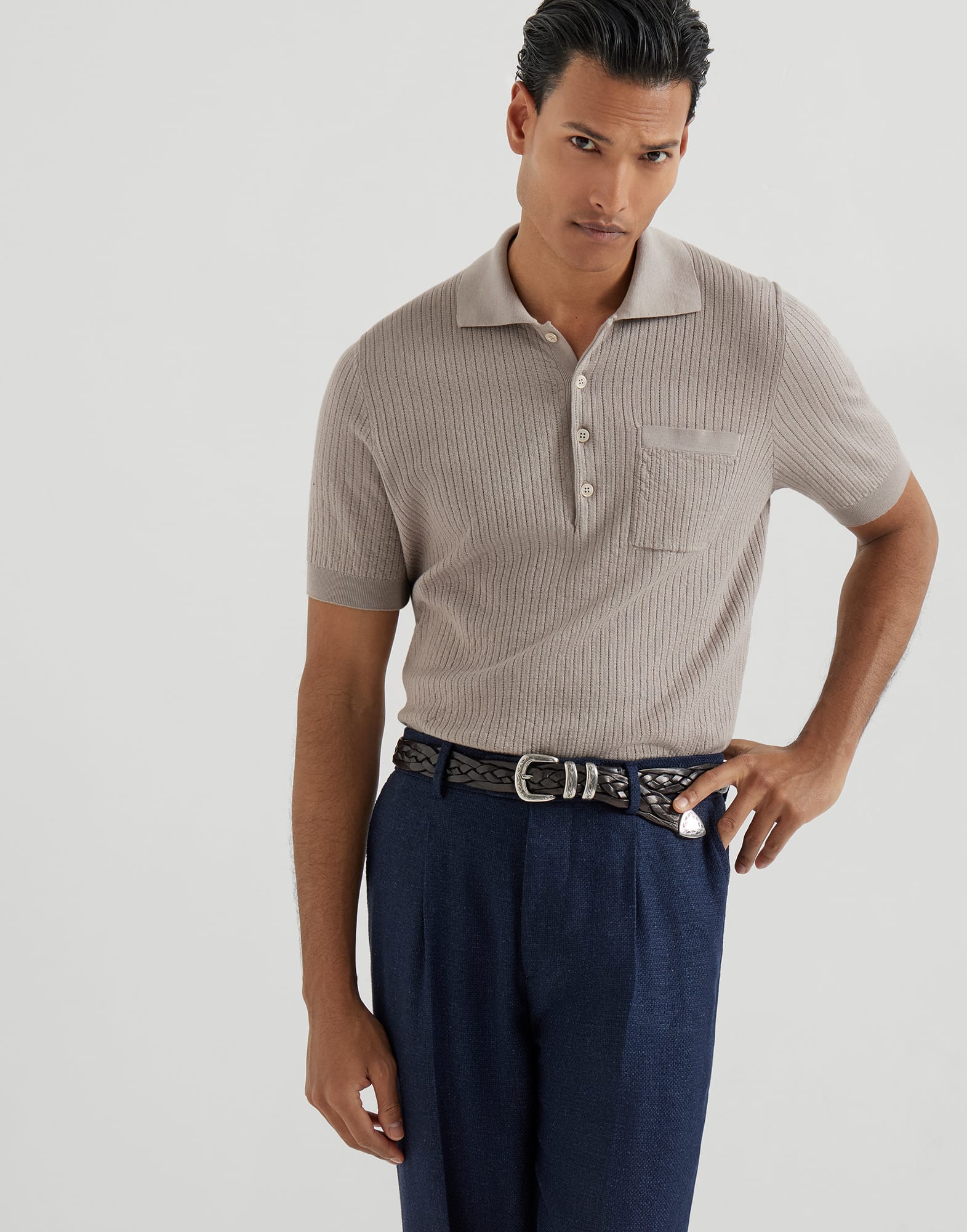 BRUNELLO CUCINELLI スリムフィット ポロシャツ Rib knit polo for Man in Dove Grey | Brunello Cucinelli