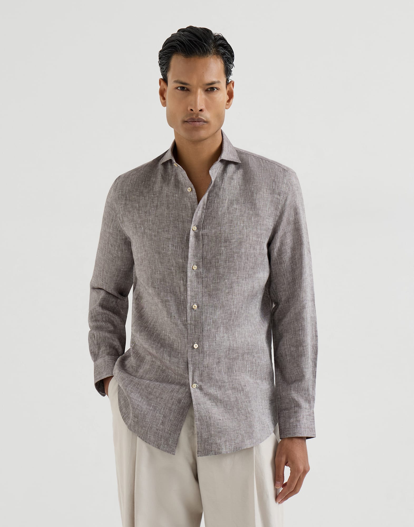 Linen shirt for Man in Azure | Brunello Cucinelli