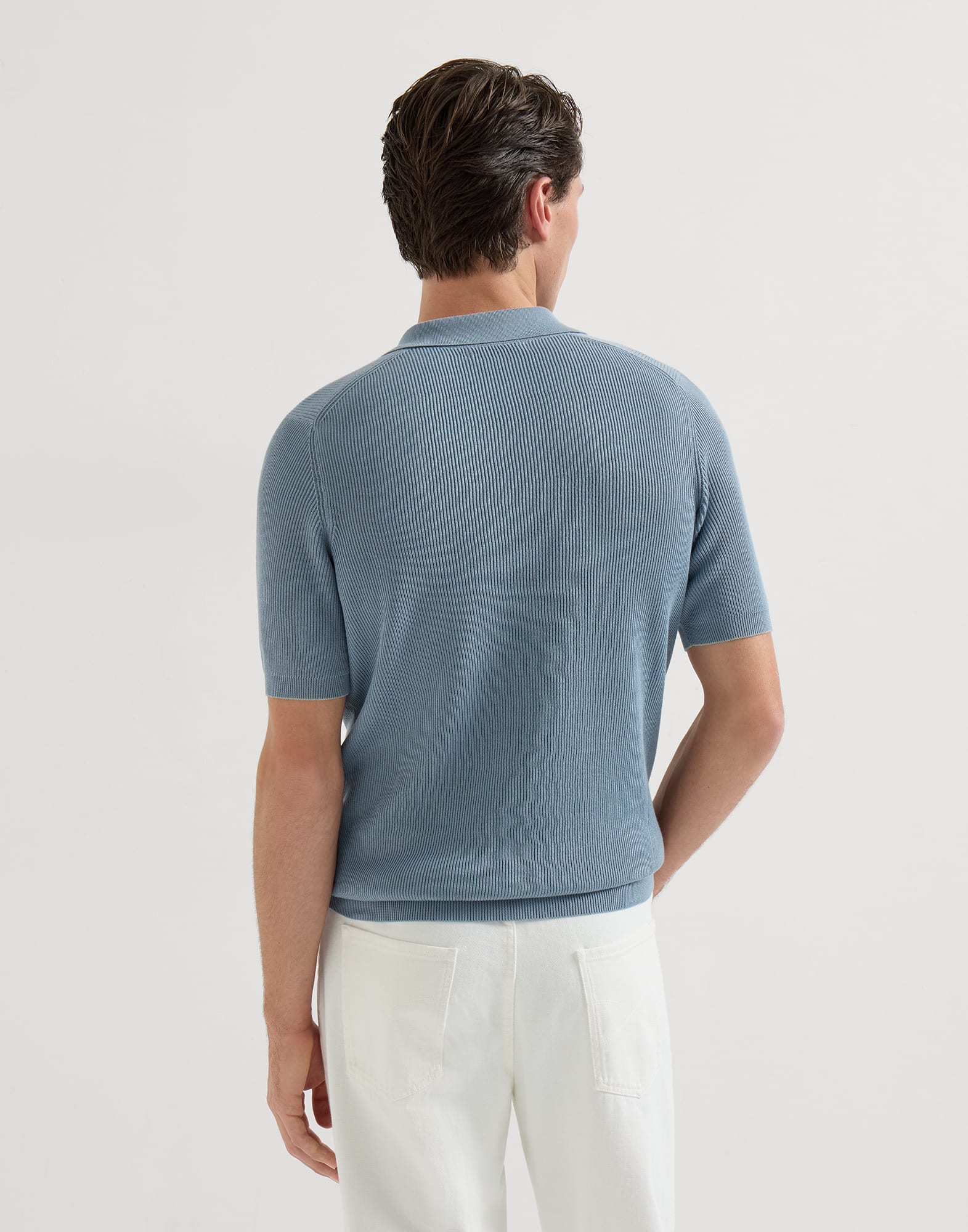 Cotton English rib knit polo for Man in Coral | Brunello Cucinelli