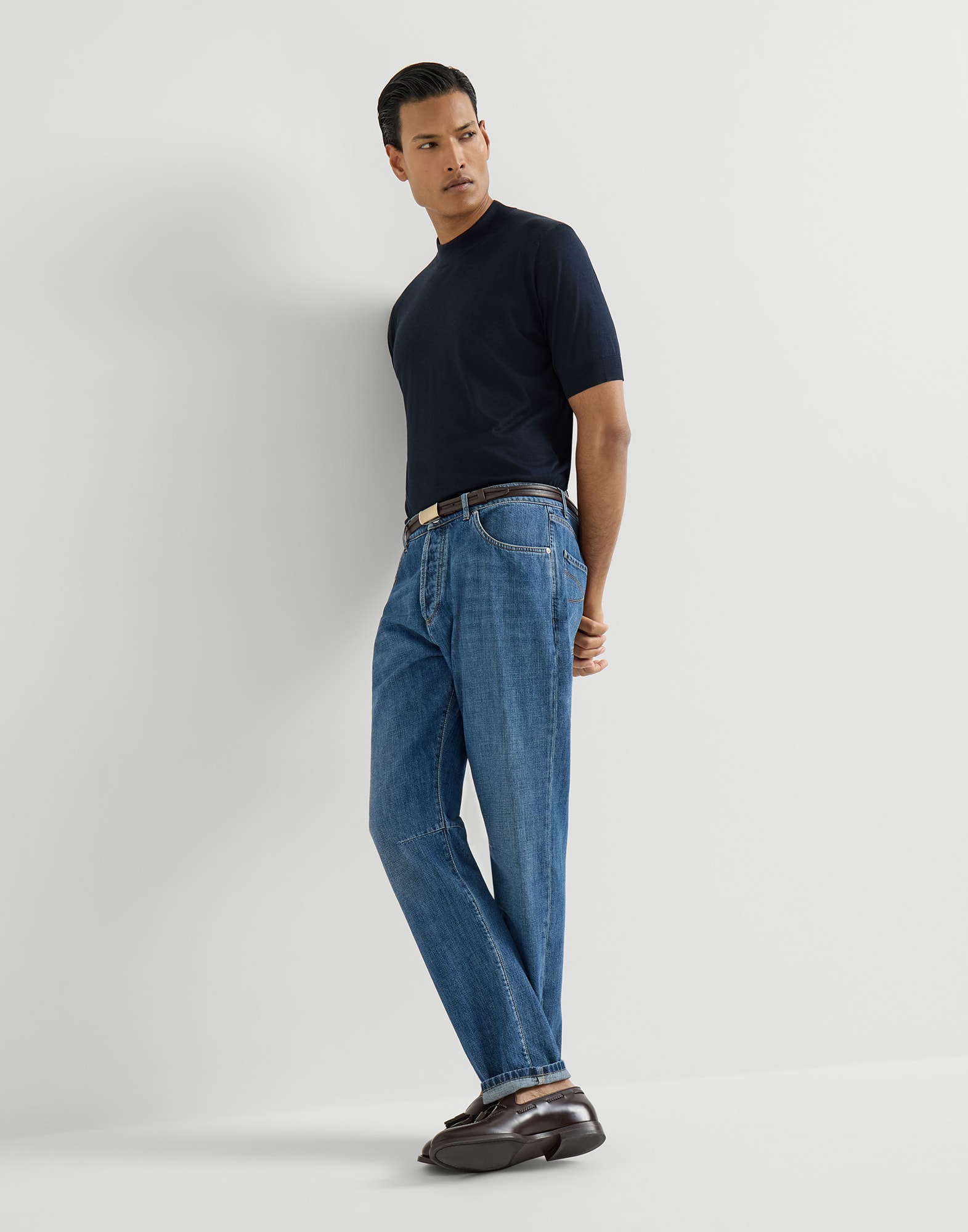 Lightweight denim five-pocket trousers for Man in Light Blue Denim