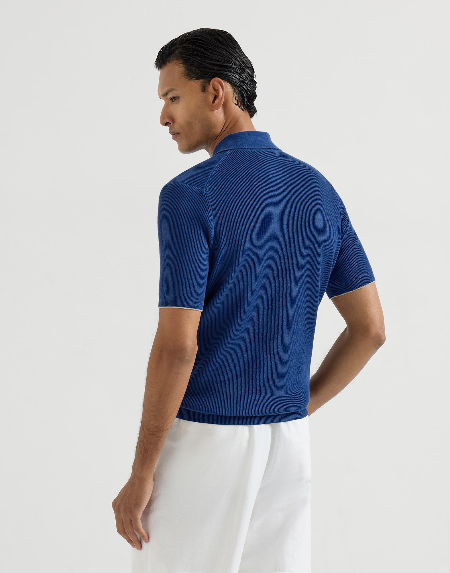 Half English rib knit polo for Man in Avio Blue | Brunello Cucinelli