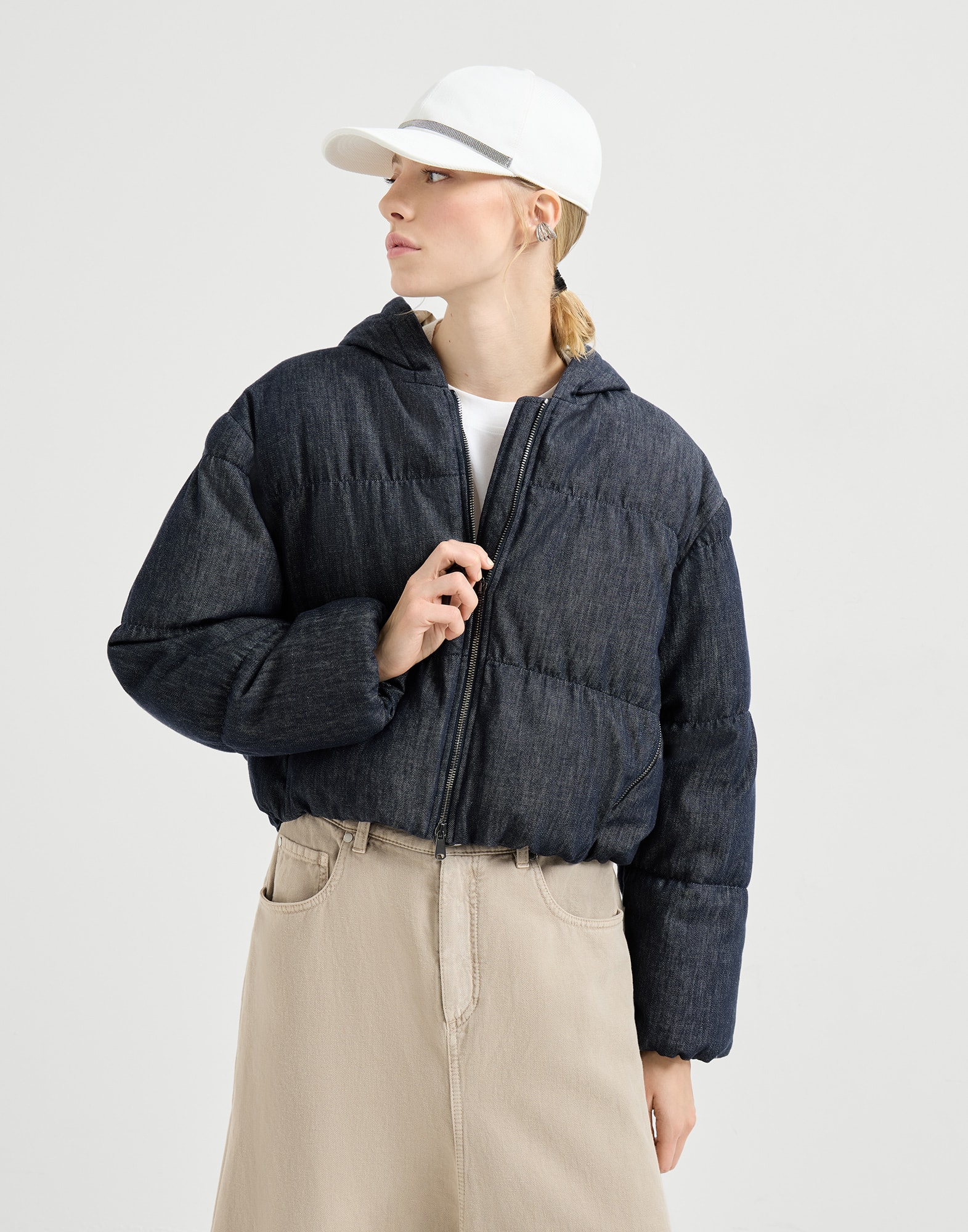 Denim-effect twill down jacket for Woman in Denim | Brunello Cucinelli
