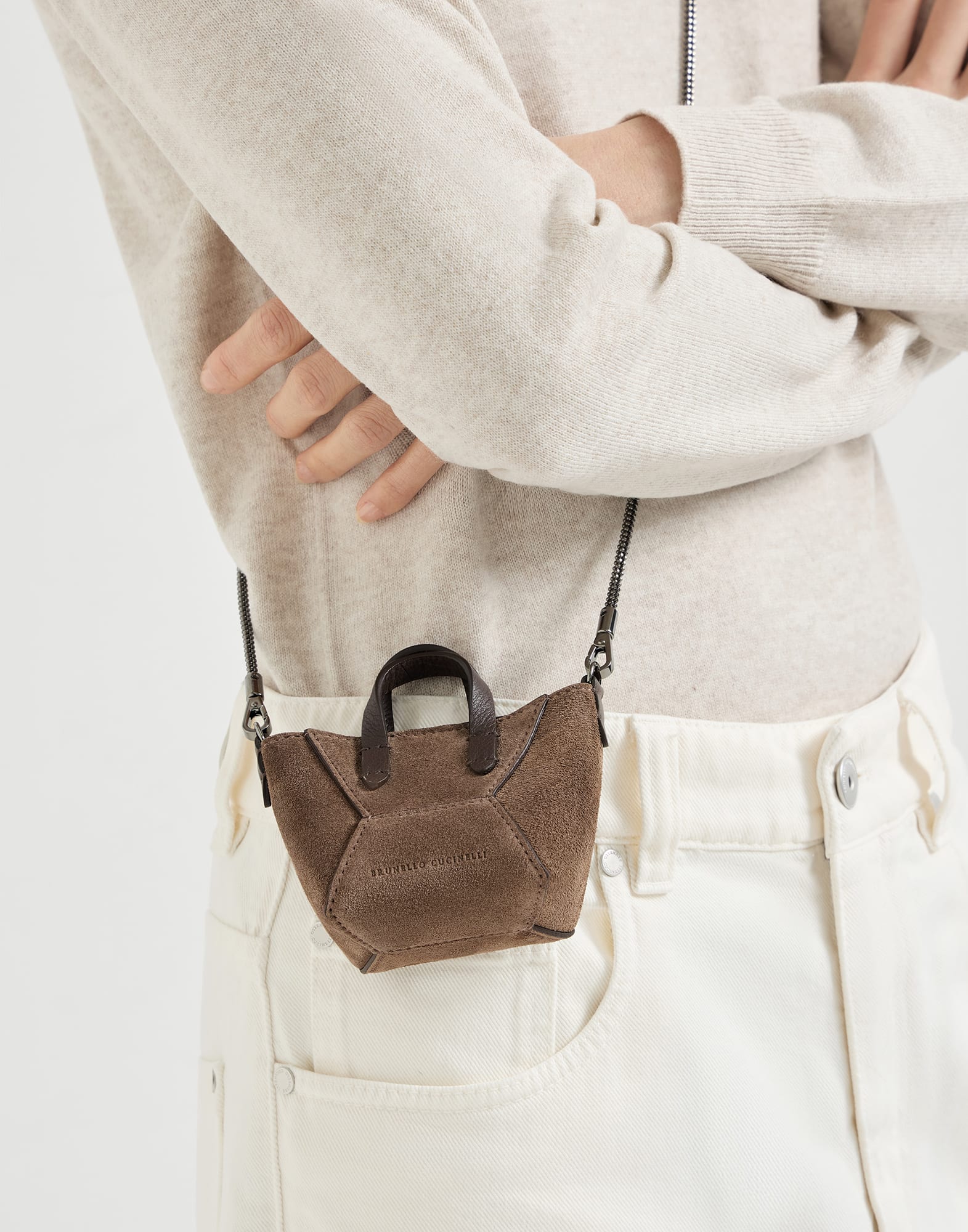 Suede BC Duo micro bag for Woman in Bark | Brunello Cucinelli