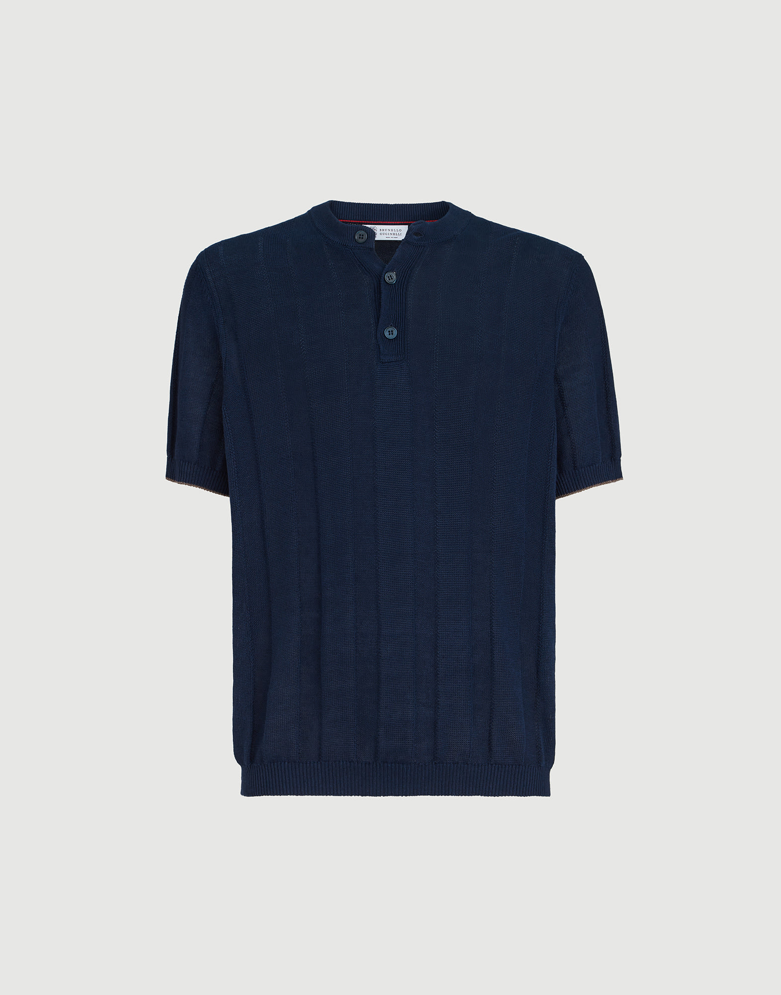 【新品定価13万】BRUNELLO CUCINELLI　半袖ニットシャツ Henley collar T-shirt for Man in Navy Blue | Brunello Cucinelli