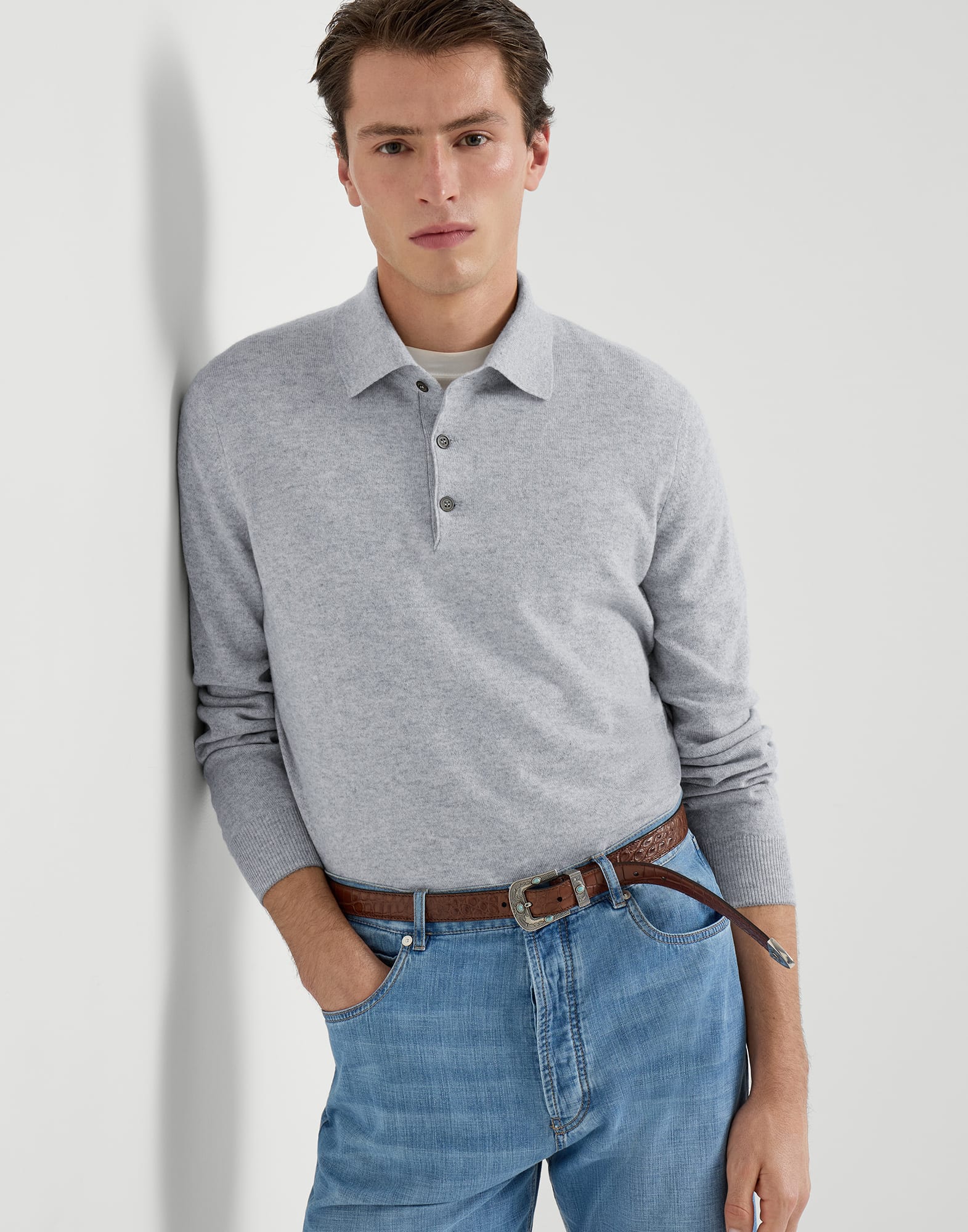 Cashmere knit polo shirt for Man in Navy Blue | Brunello Cucinelli