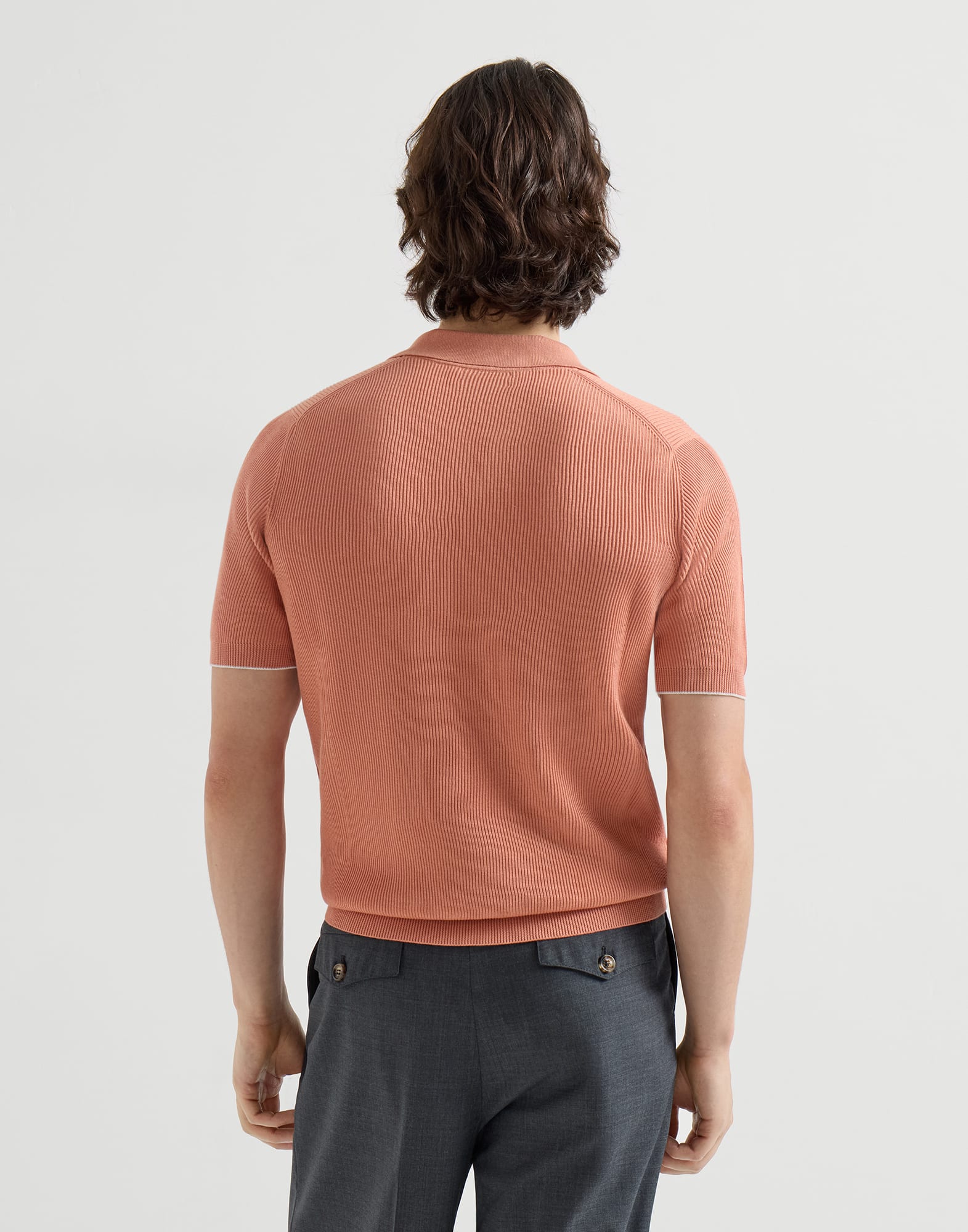 Cotton English rib knit polo for Man in Apricot | Brunello Cucinelli