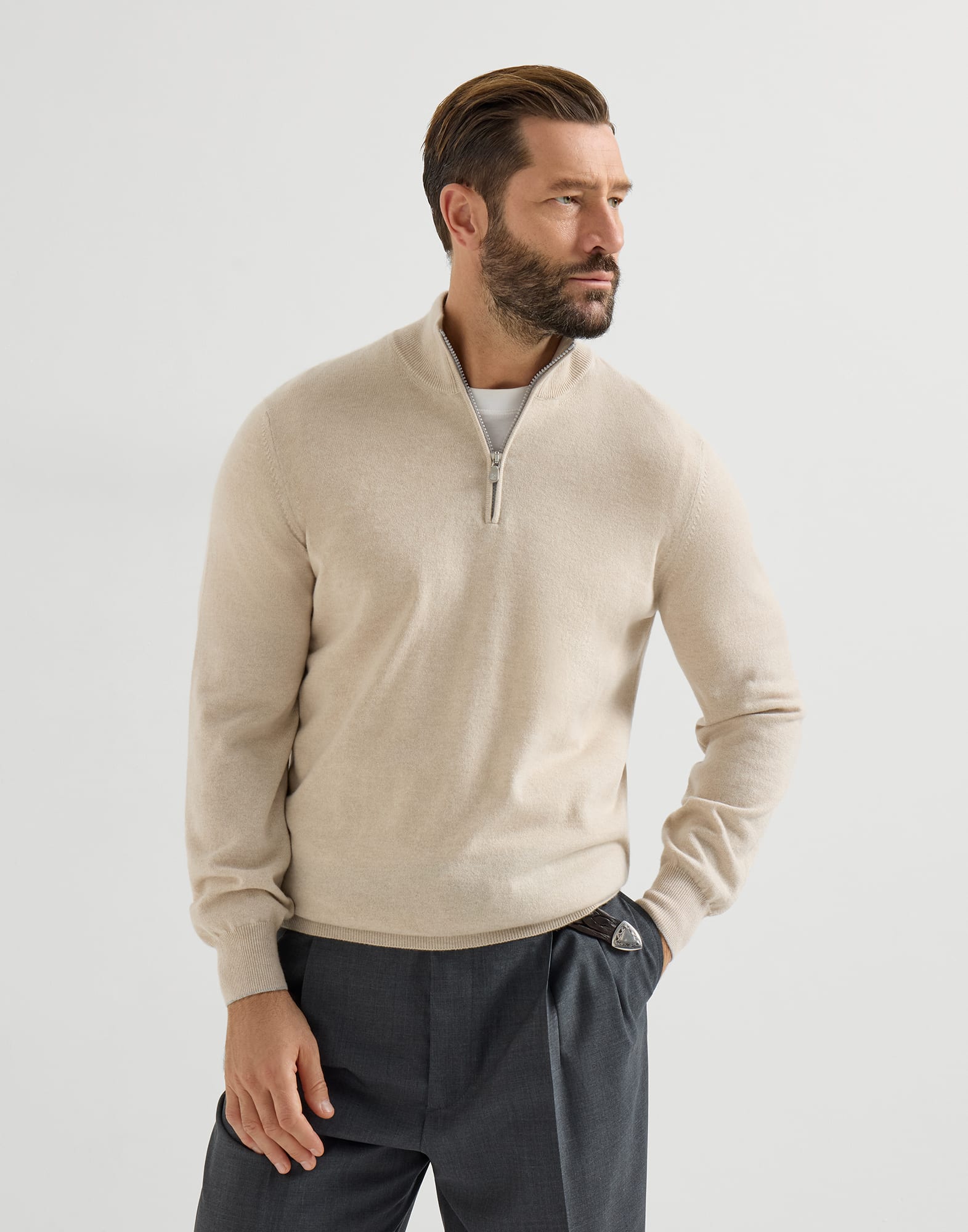Cashmere sweater with half zip for Man in Cherry | Brunello Cucinelli