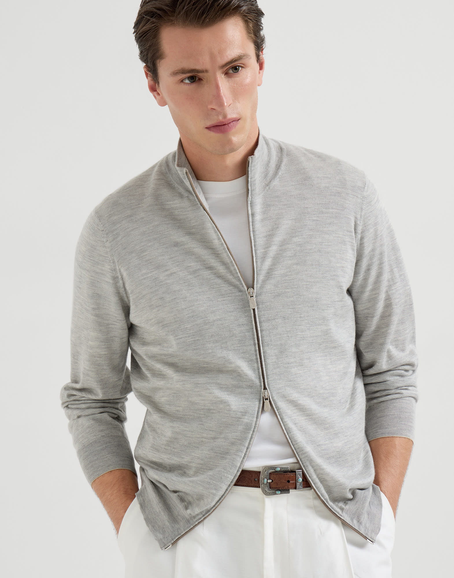 Cashmere and silk cardigan for Man in Dark Grey | Brunello Cucinelli