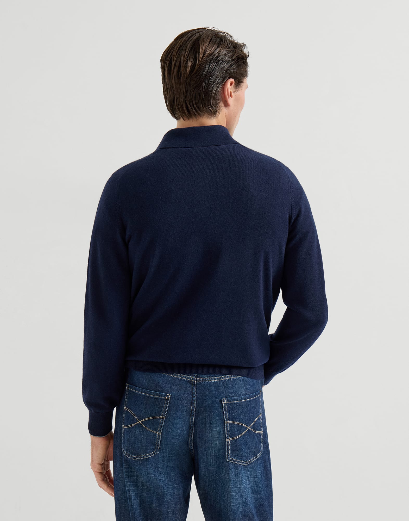 Cashmere knit polo shirt for Man in Navy Blue | Brunello Cucinelli