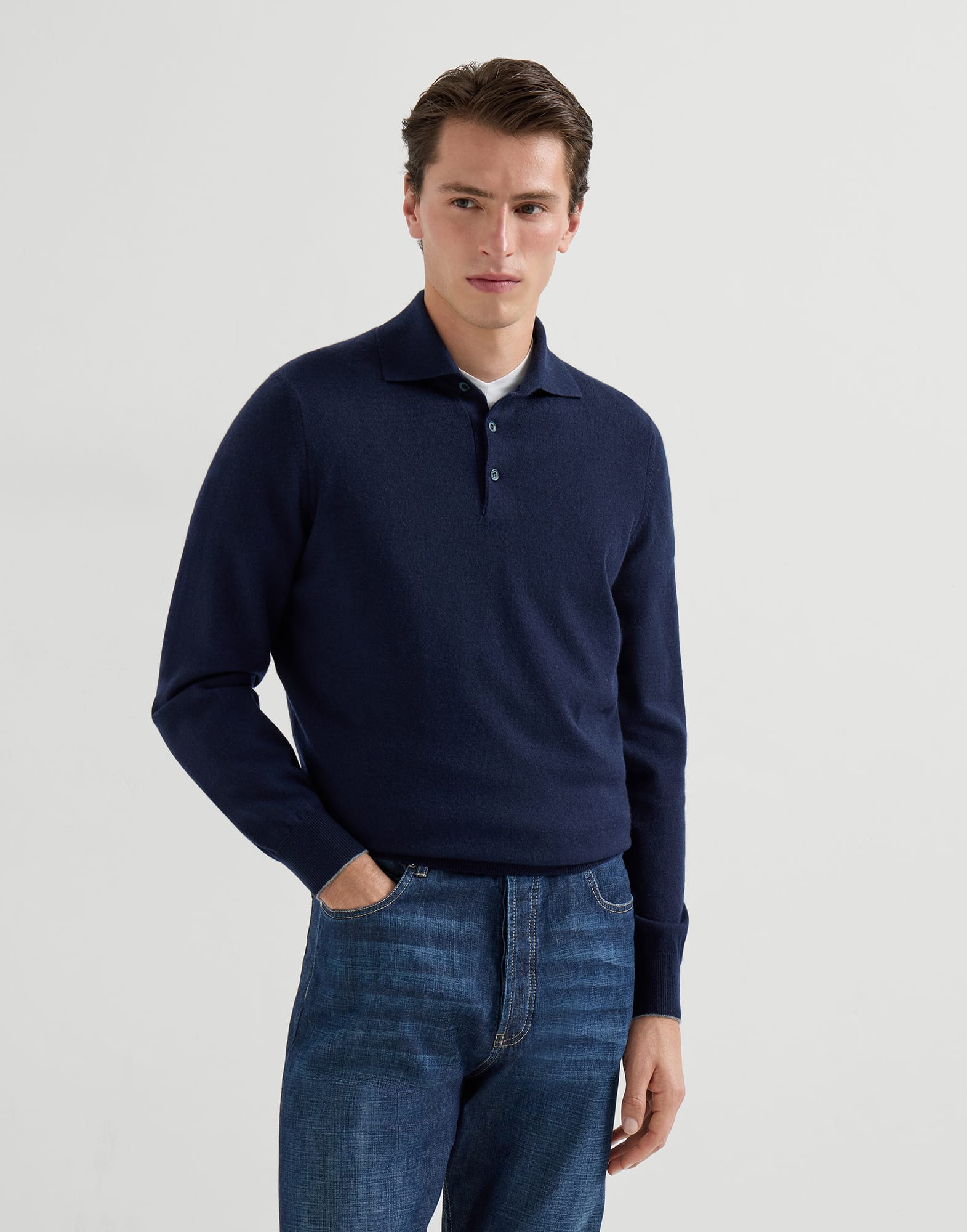 Brunello Cucinelli, Cashmere knit polo shirt, Blue, 56 Brunello Cucinelli, Cashmere knit polo shirt, Blue, 56