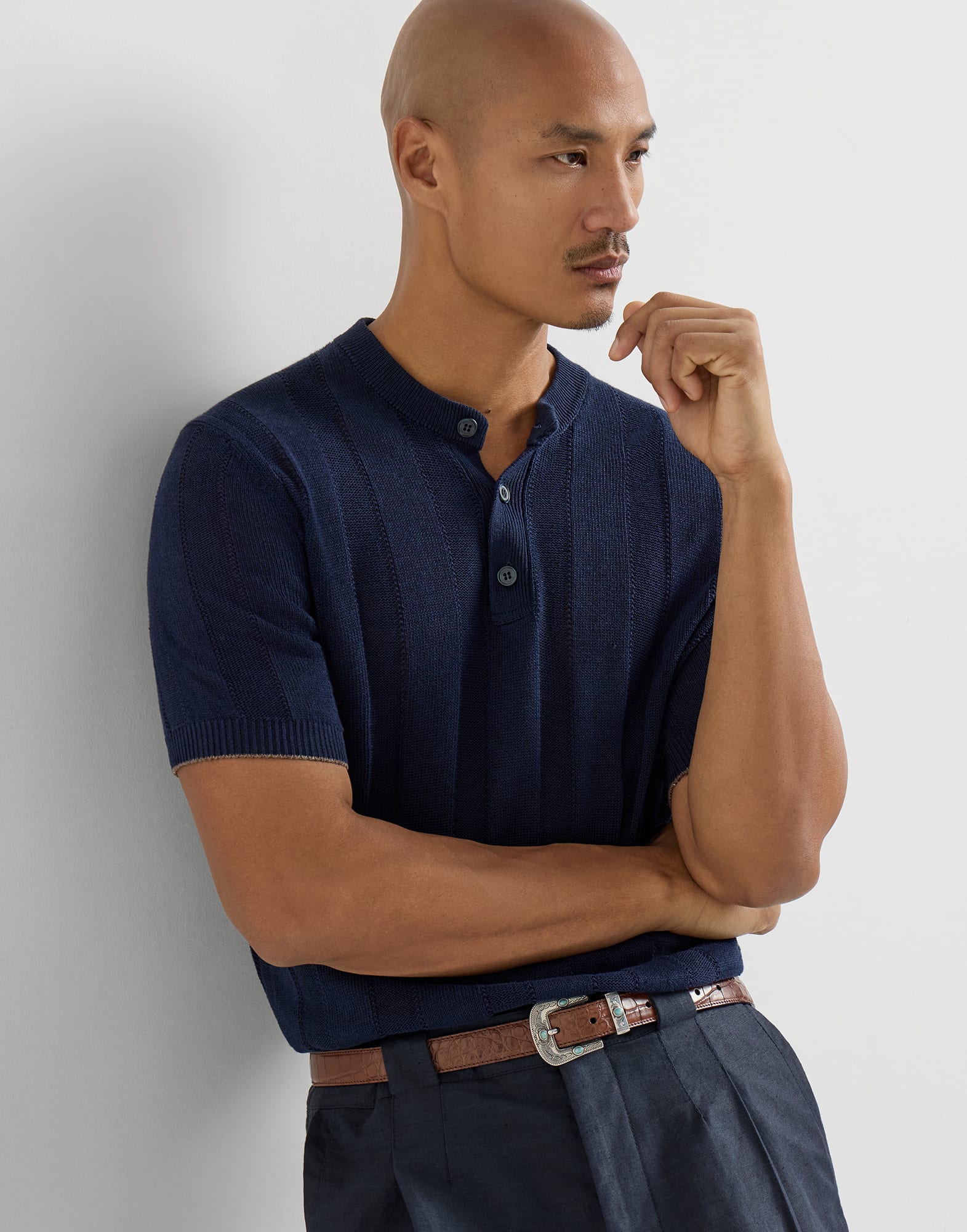 Henley collar T-shirt for Man in Navy Blue | Brunello Cucinelli