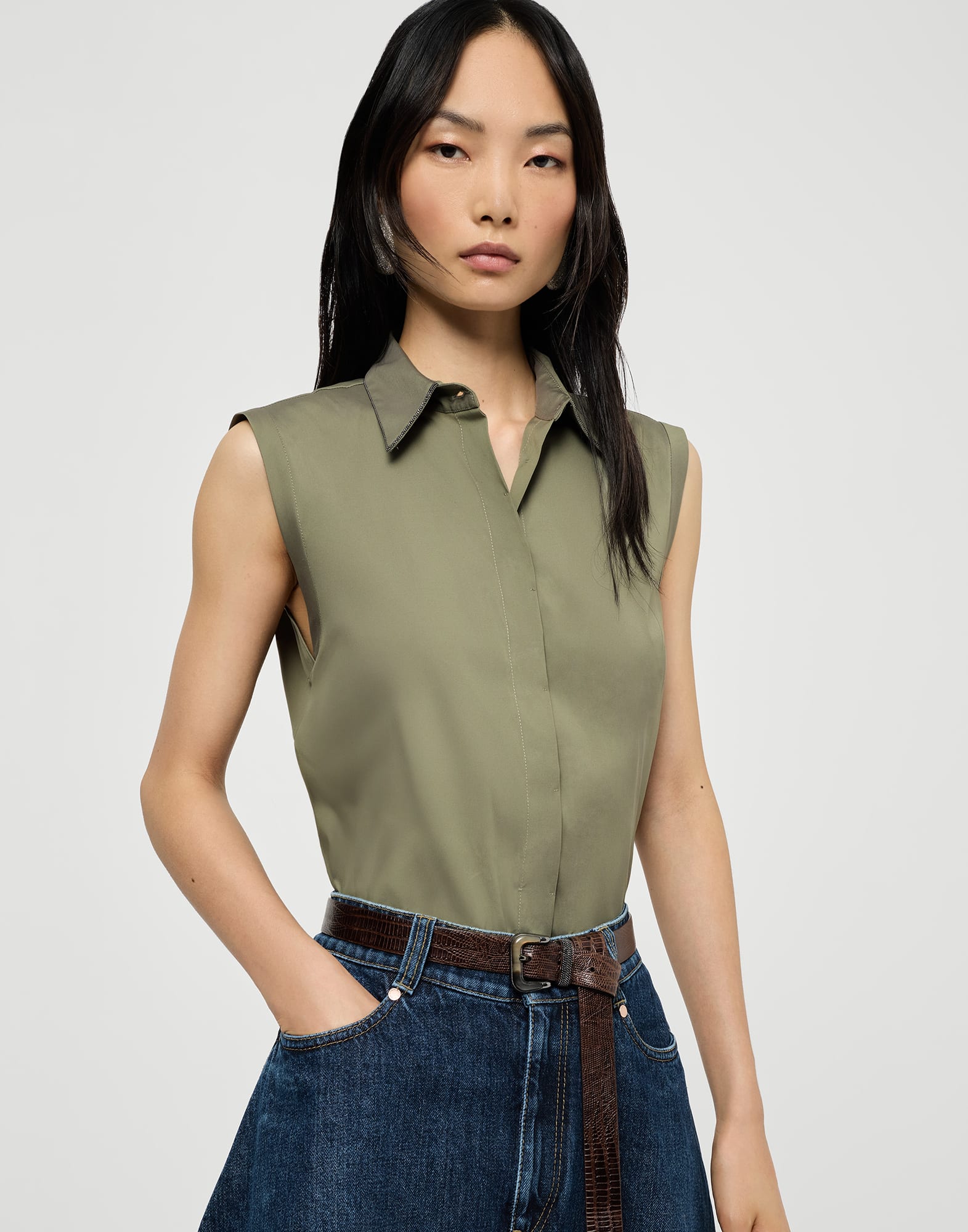 Stretch poplin shirt for Woman in Green | Brunello Cucinelli