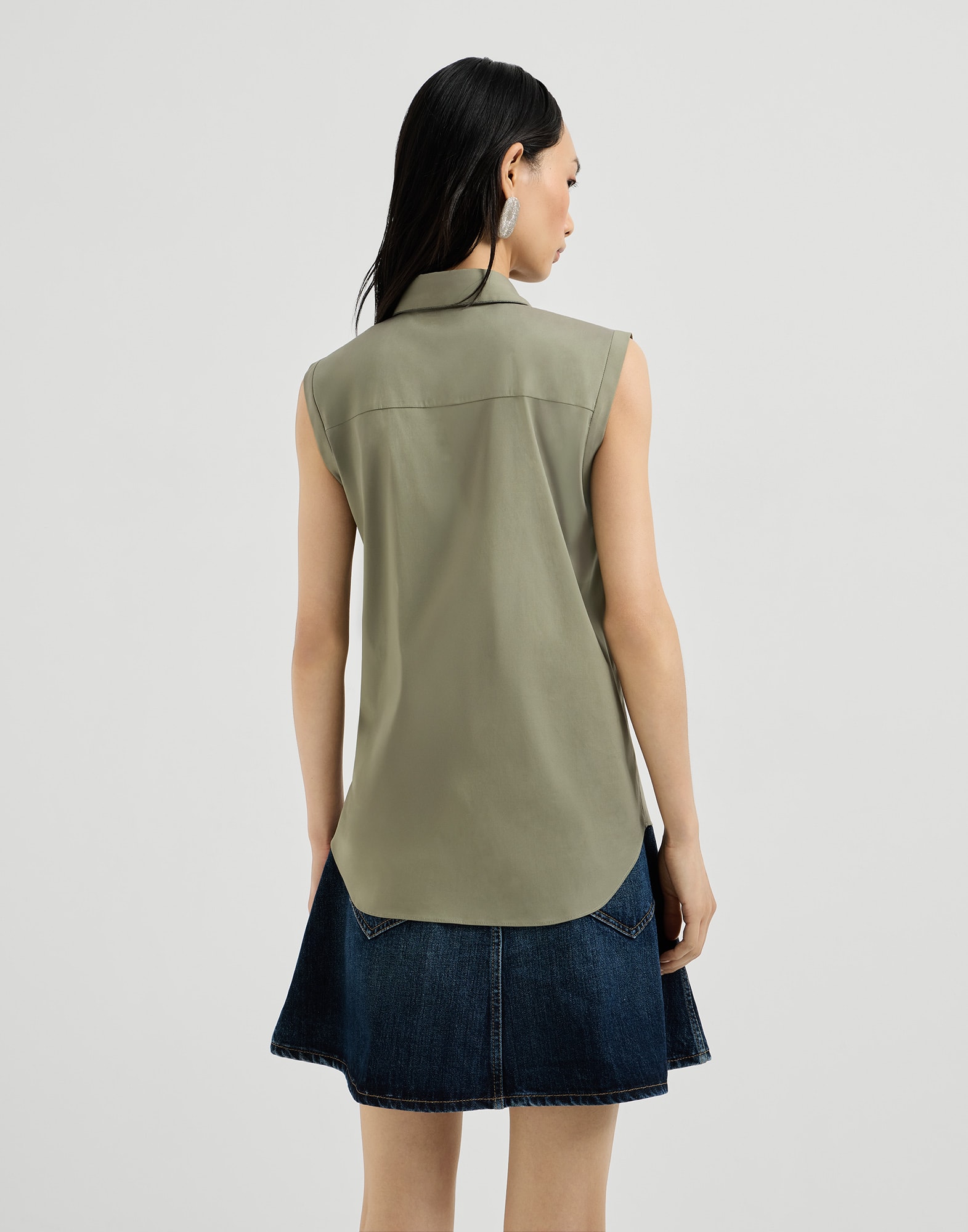 Stretch poplin shirt for Woman in Green | Brunello Cucinelli
