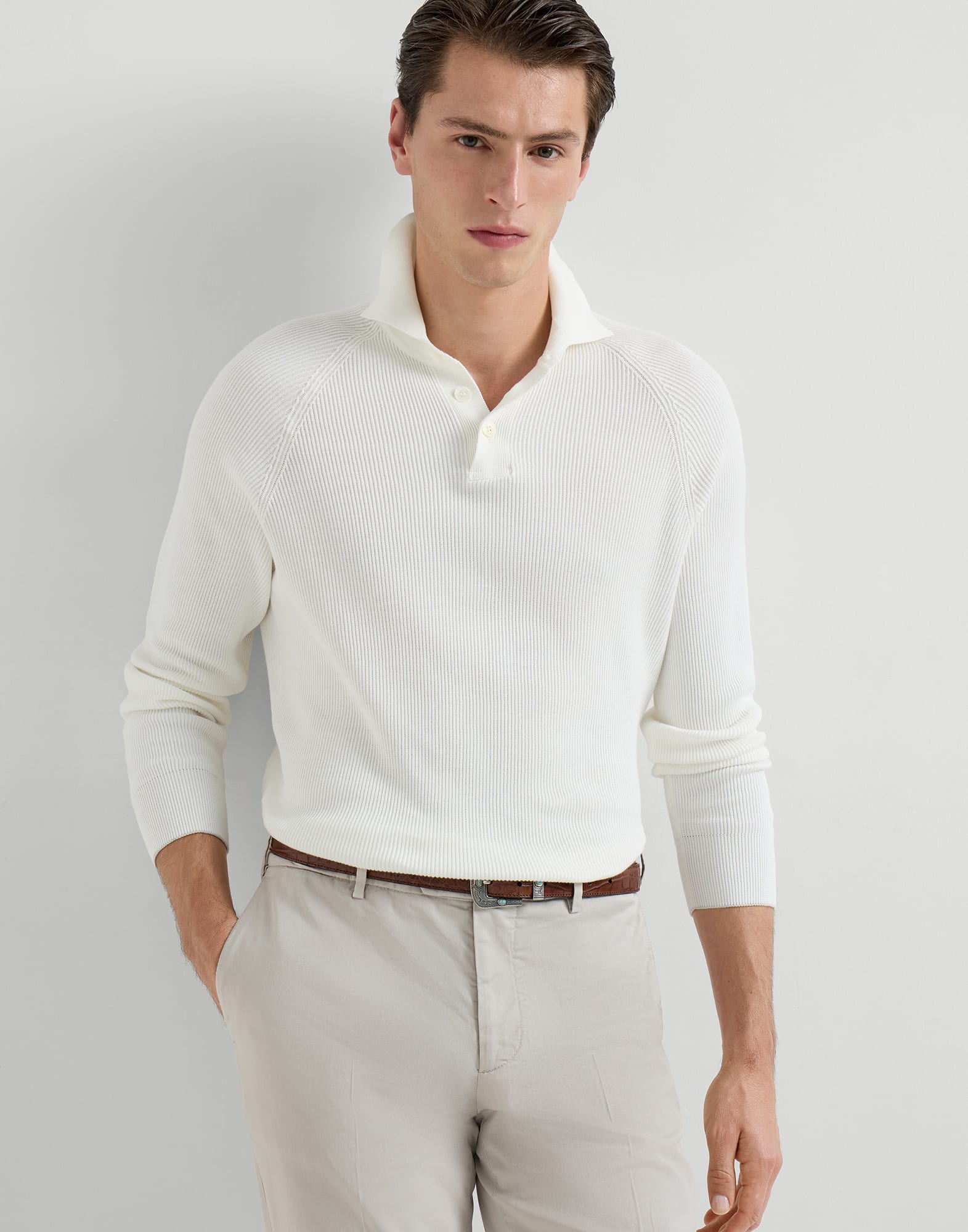 メンズ 向け ヘーゼルナッツ リブニット ポロシャツ | Brunello Cucinelli