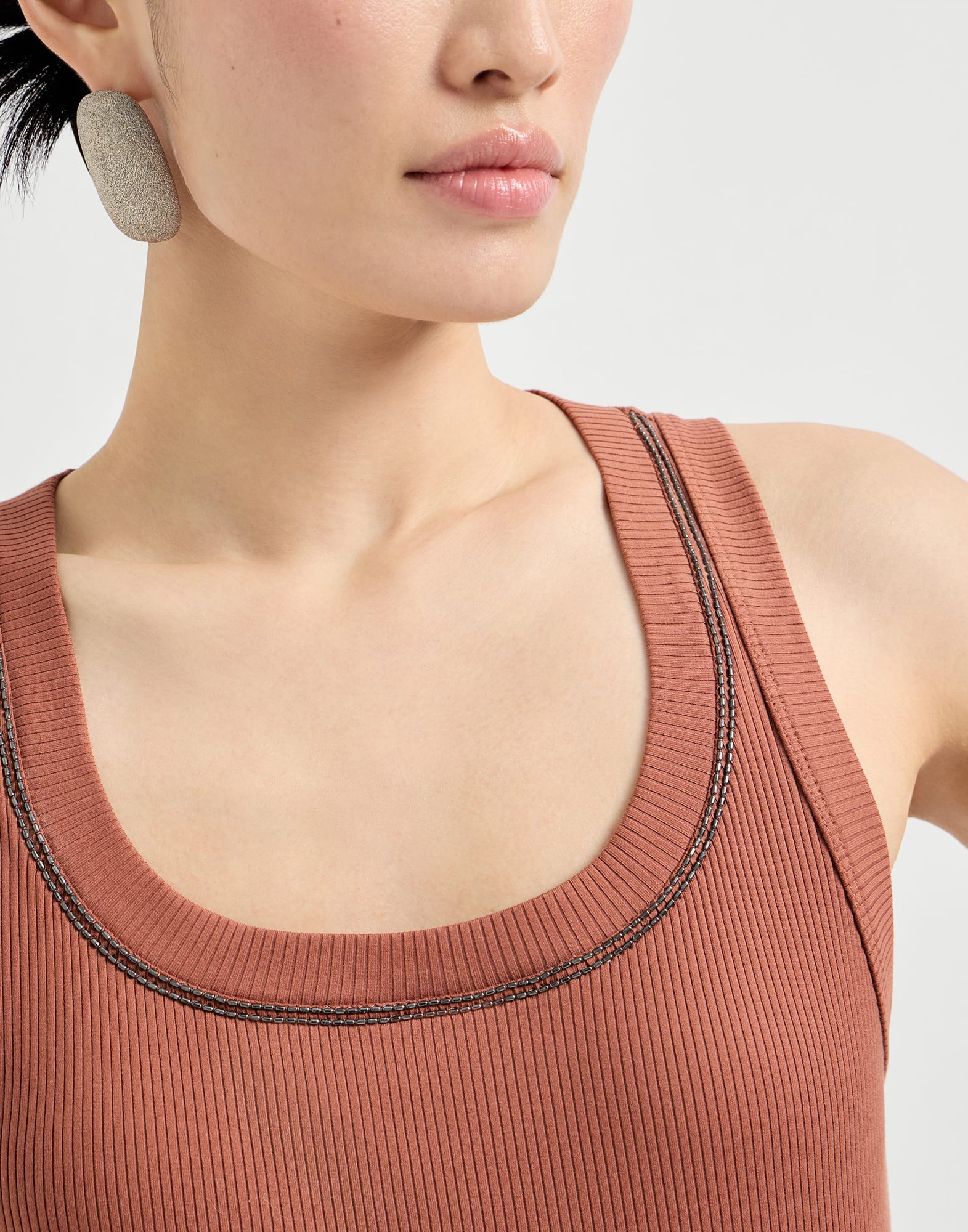 Ribbed jersey top for Woman in White | Brunello Cucinelli