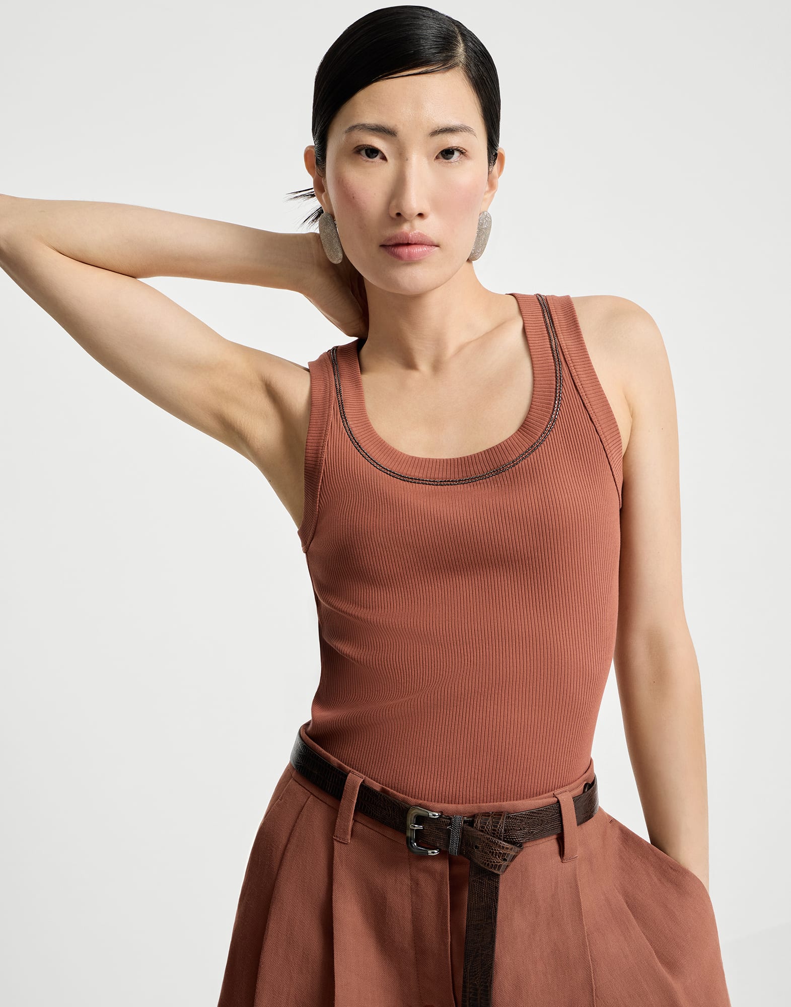 Ribbed jersey top for Woman in White | Brunello Cucinelli