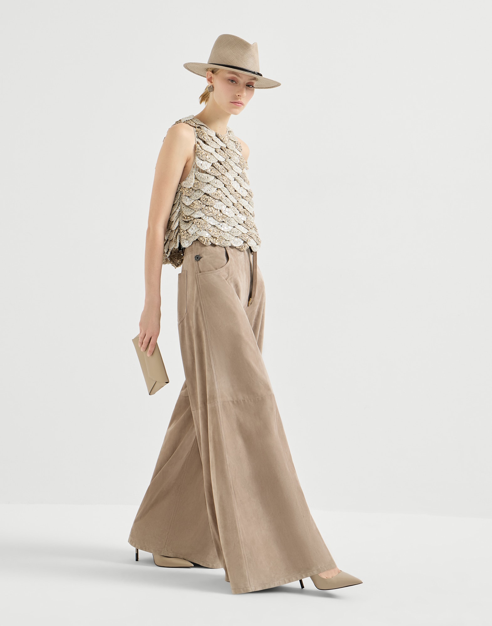 Suede maxi trousers for Woman in Beige | Brunello Cucinelli